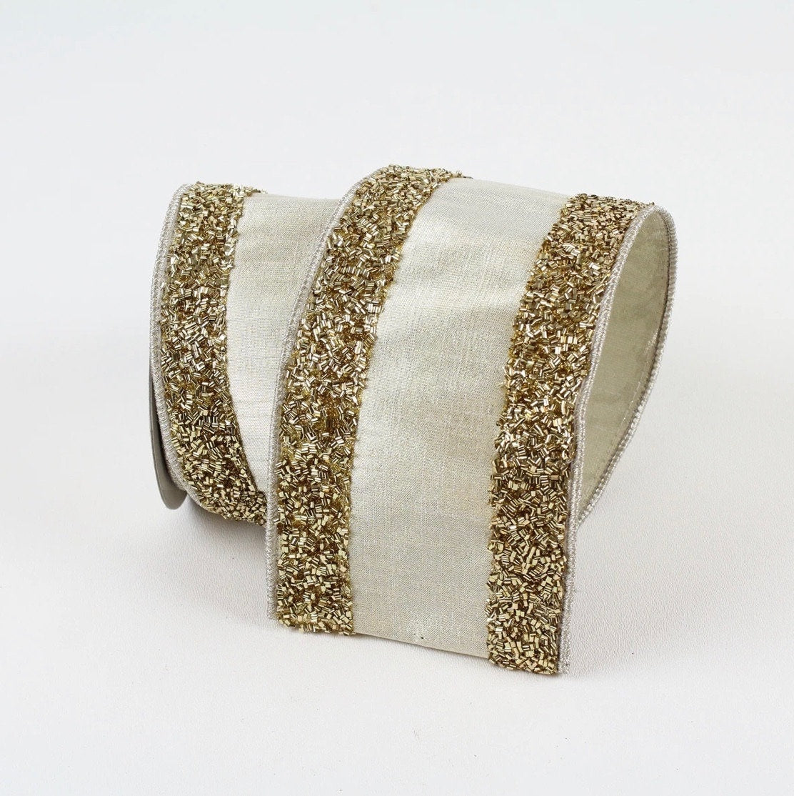 4” x 10 yards tinsel borders platinum, designer ribbon. Farrisilk