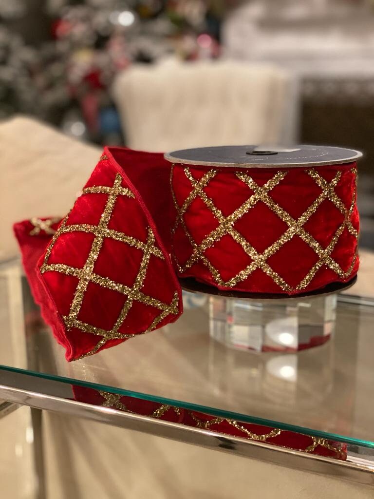 4"x10 velvet glitter lattice red farrisilk