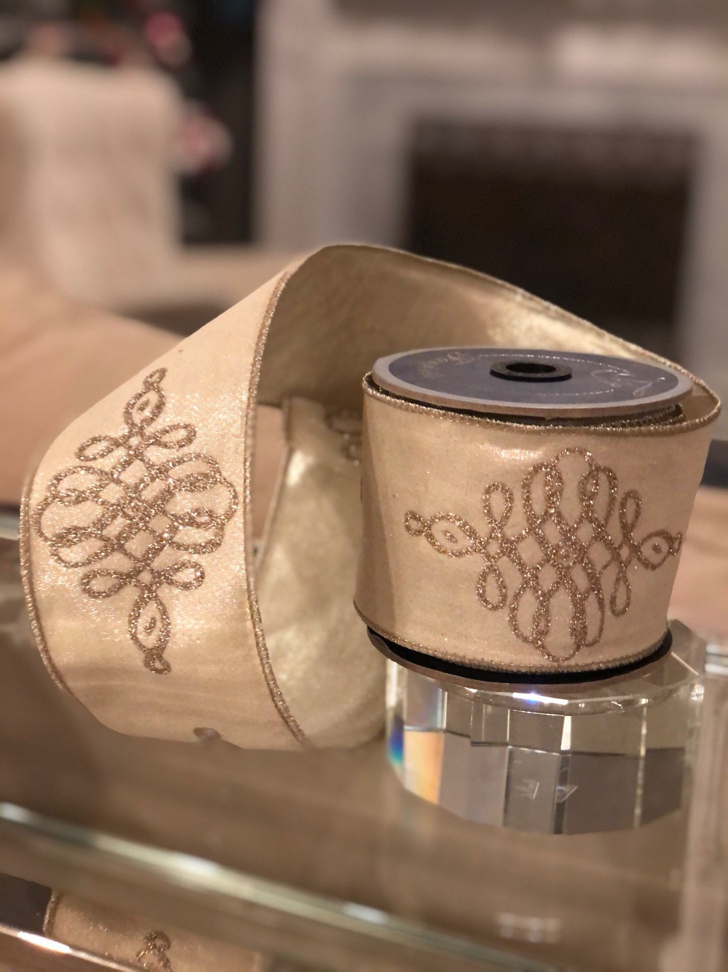 3”x10 yards Christmas scroll platinum farrisilk