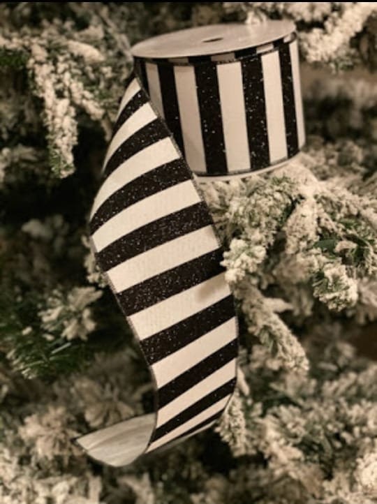 4" x 10 yards glitter stripes, black and white ribbon*