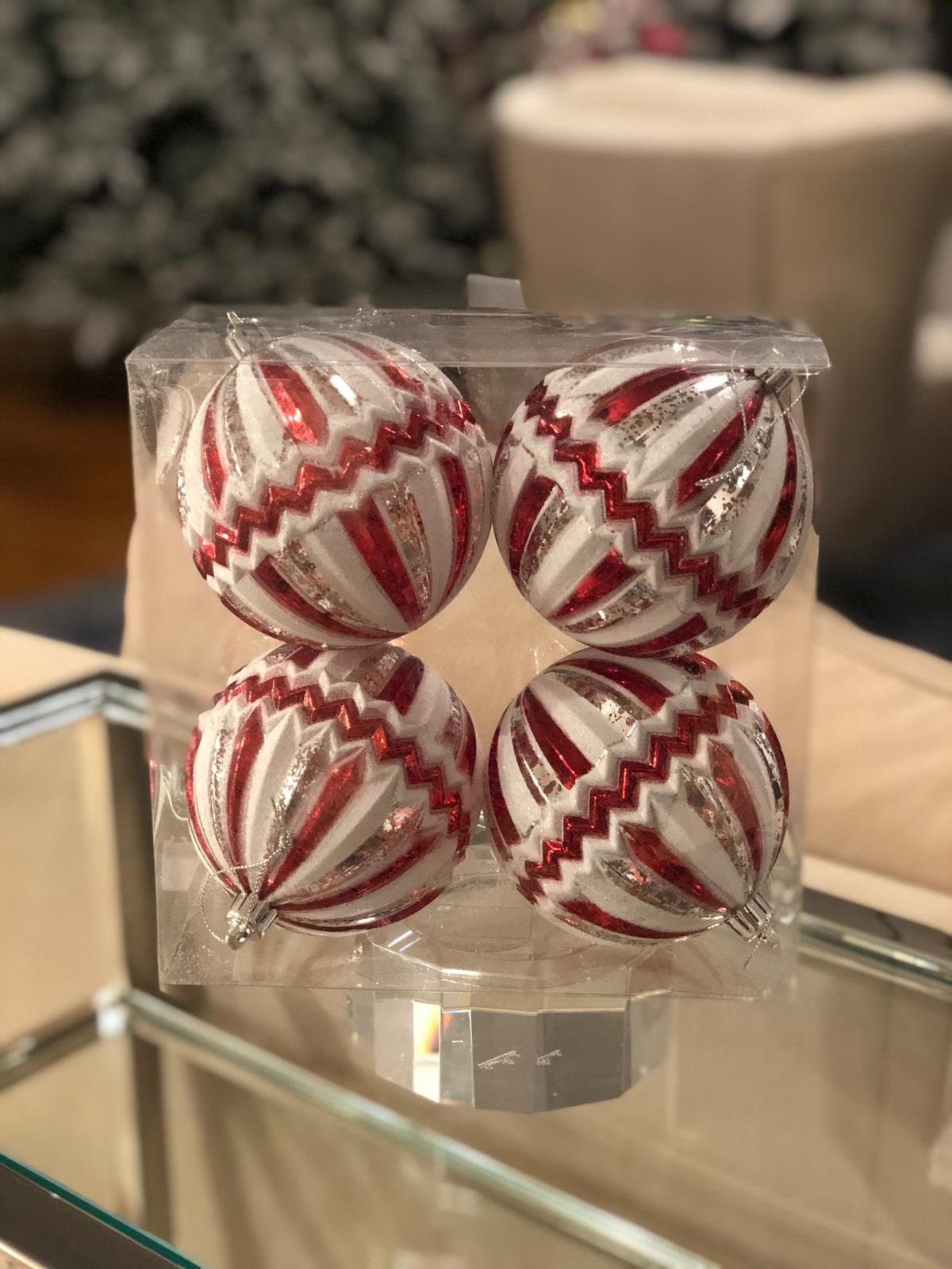 4” shatterproof ridged with zigzag stripe ball, box with 4, candy, red white and silver*