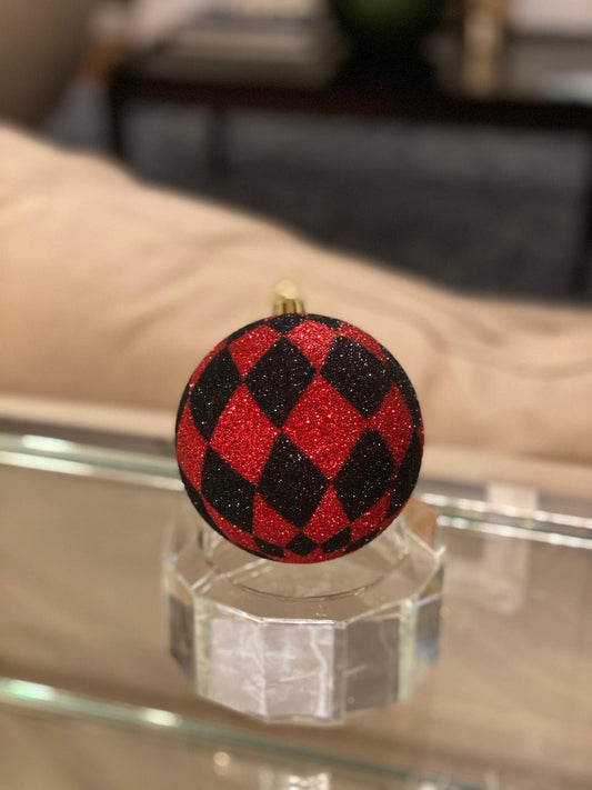 Set of 3. 9” glitter harlequin ball ornament 3 pcs red black*