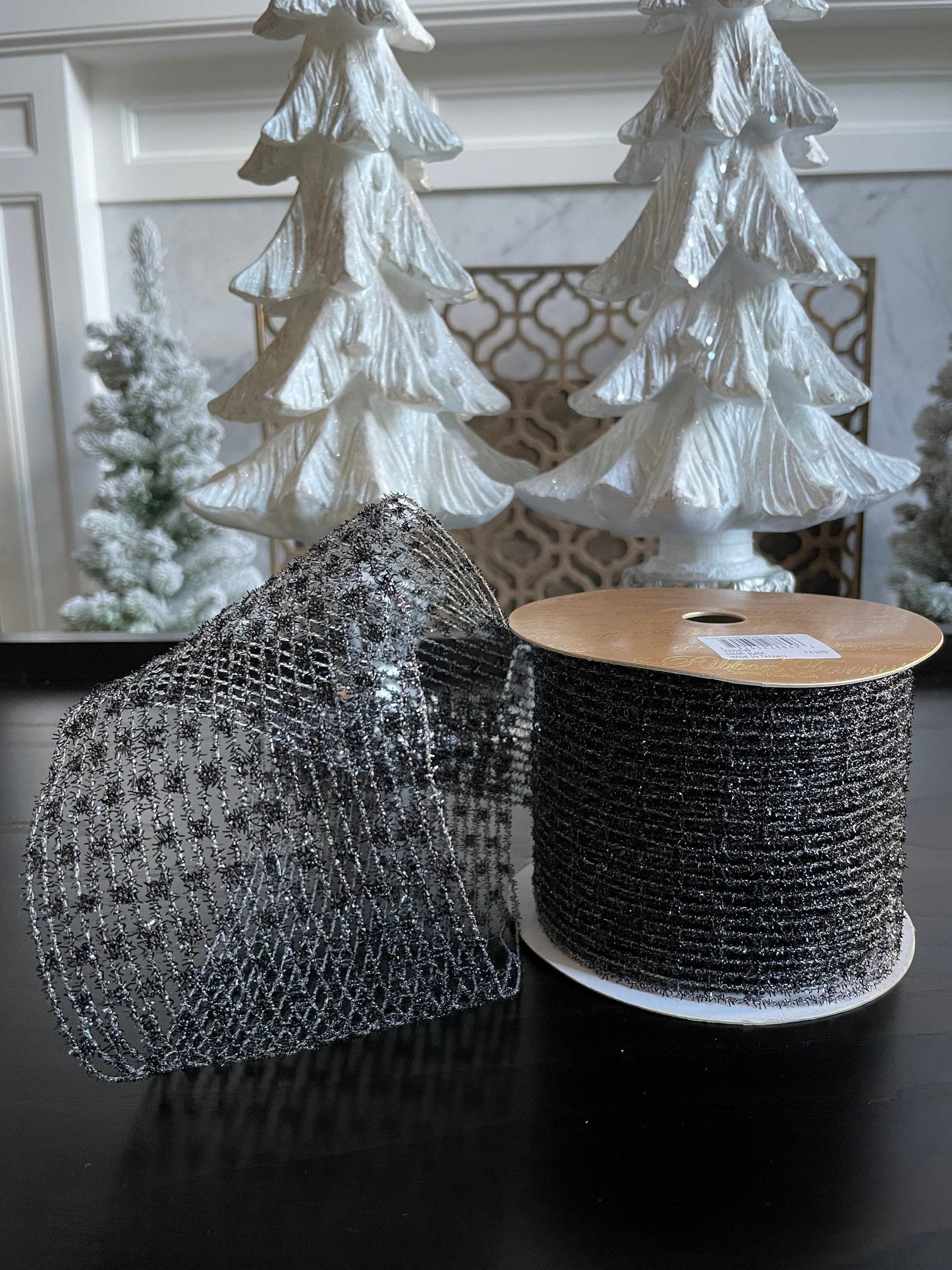 Designer ribbon, black metallic net 4” x 10 yards.*