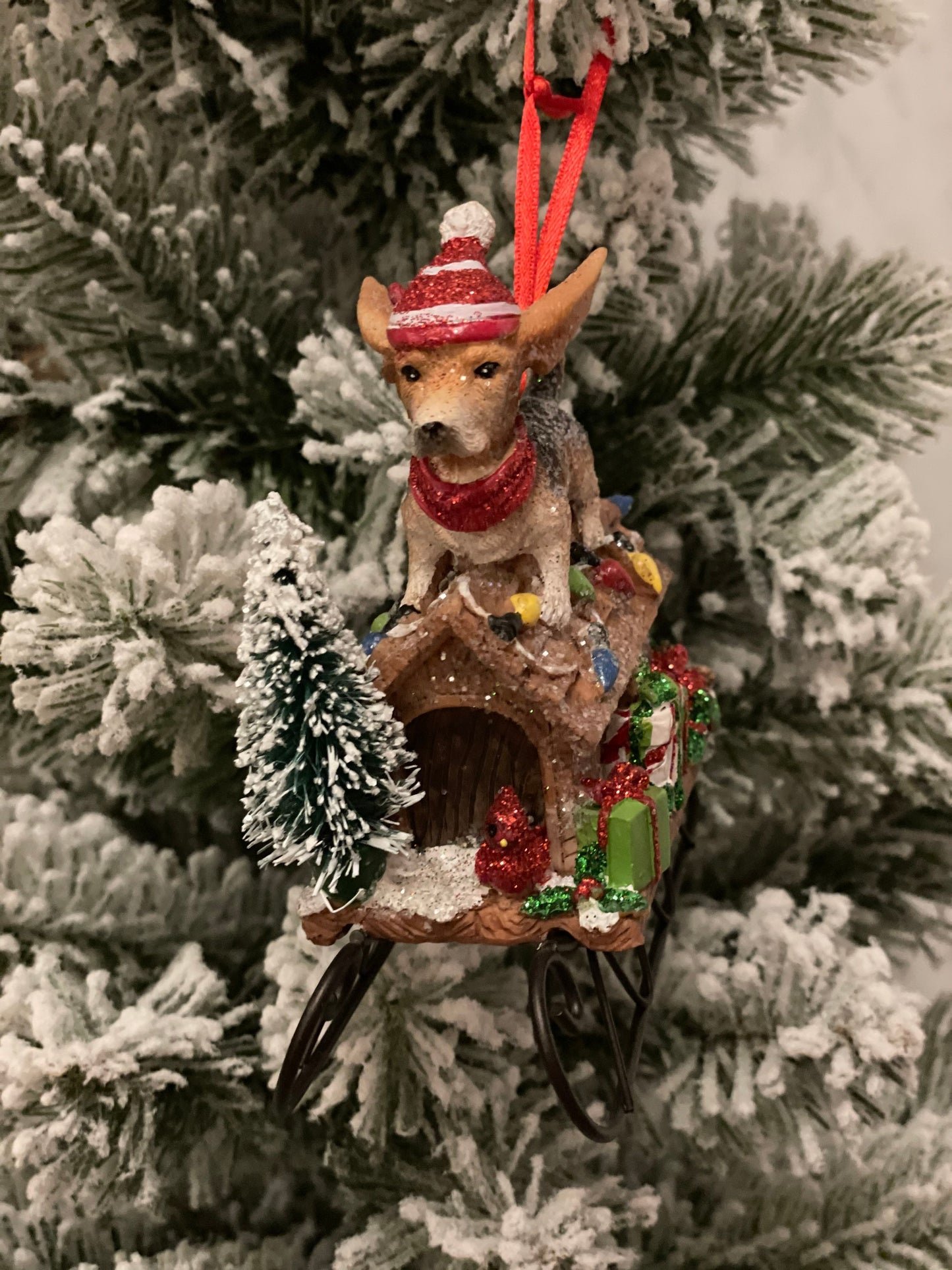 4.5” dog in sled ornament. Set of 2.*