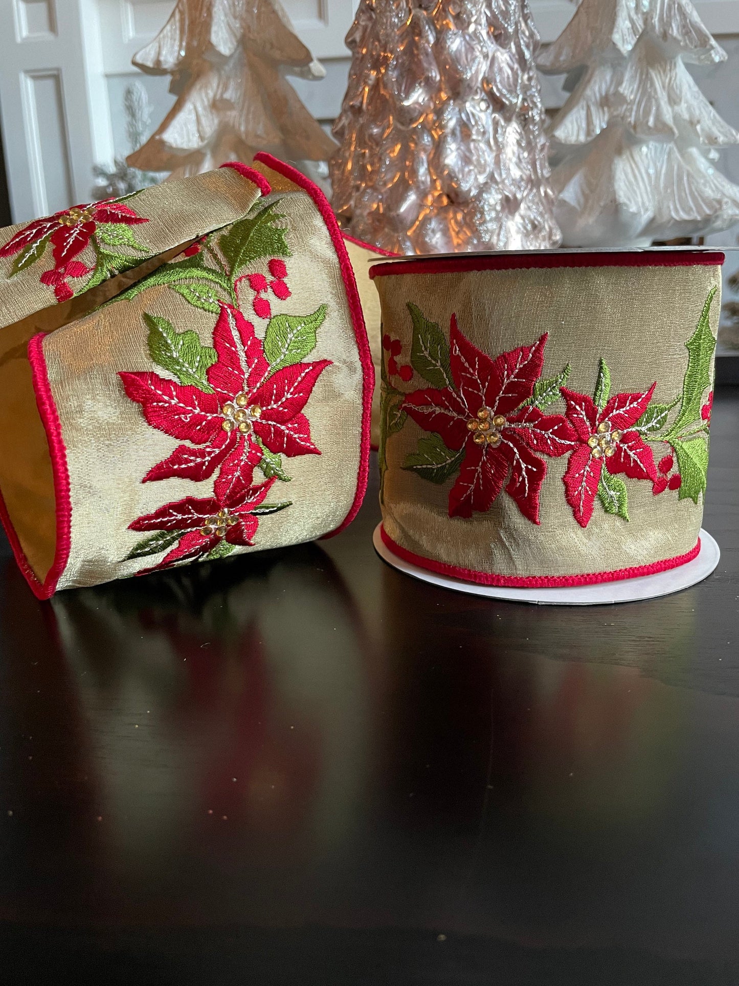 Designer poinsettia holly shimmer red and green 4” x 5 yards. *
