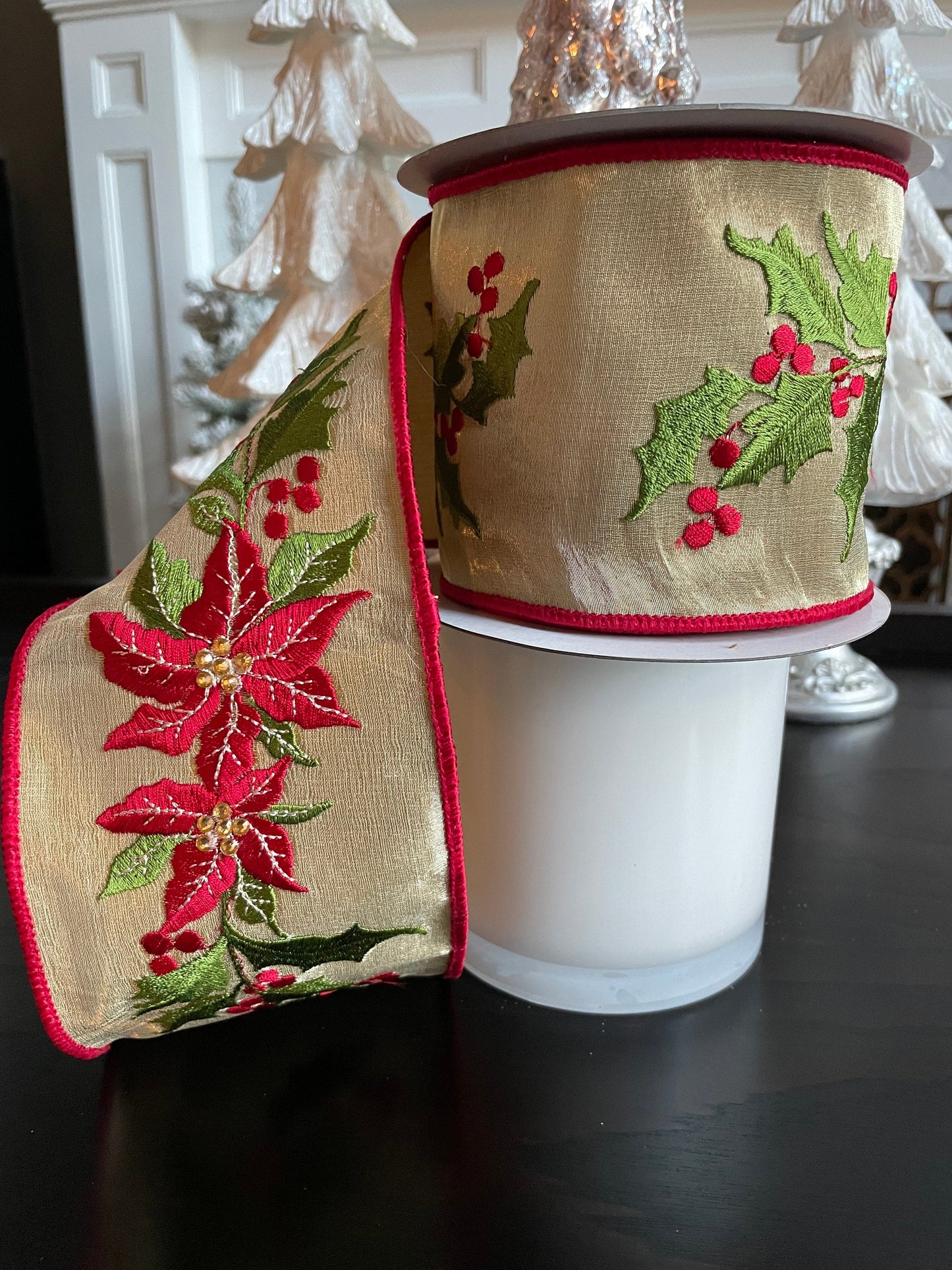 Designer poinsettia holly shimmer red and green 4” x 5 yards. *