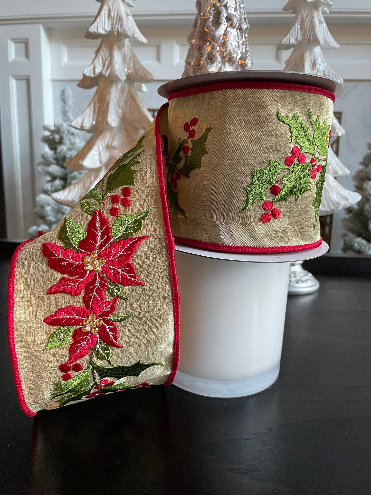 Designer poinsettia holly shimmer red and green 4” x 5 yards. *
