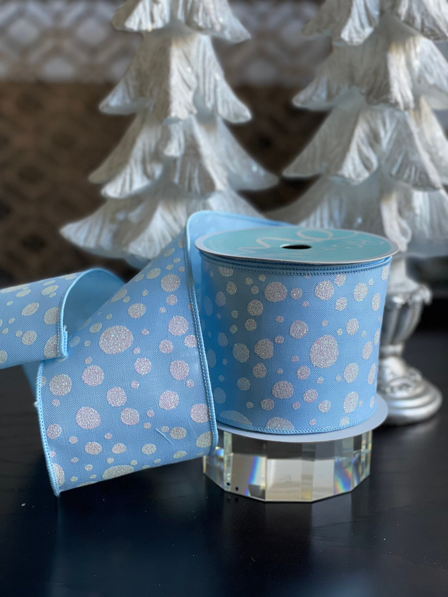 Baby blue and white dots wired ribbon 4” x 10 YDS*