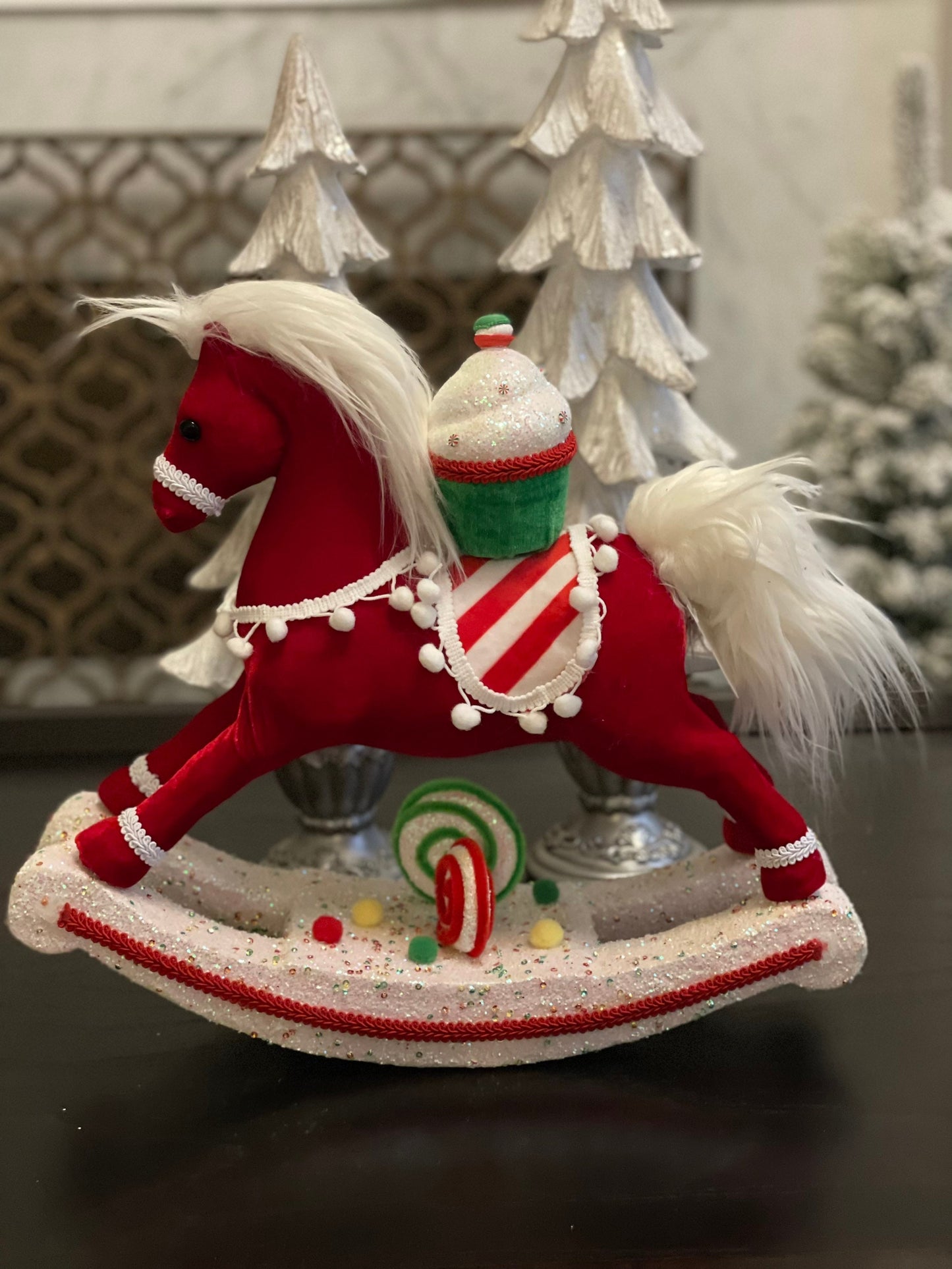 14 x15 inch Rocking horse with cupcake ornament velvet and lace. Multicolor. Red, white, green. Glitter.