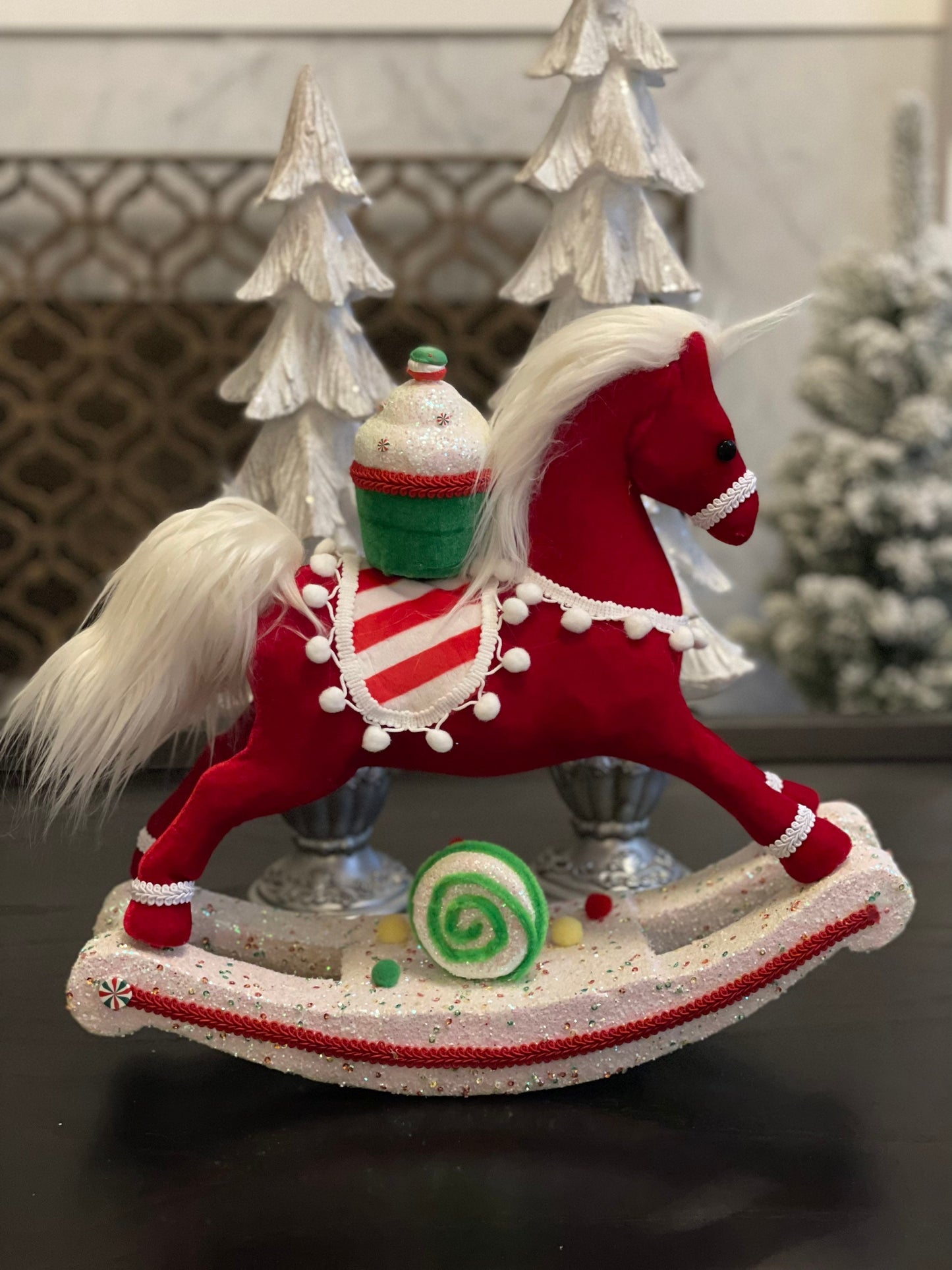14 x15 inch Rocking horse with cupcake ornament velvet and lace. Multicolor. Red, white, green. Glitter.