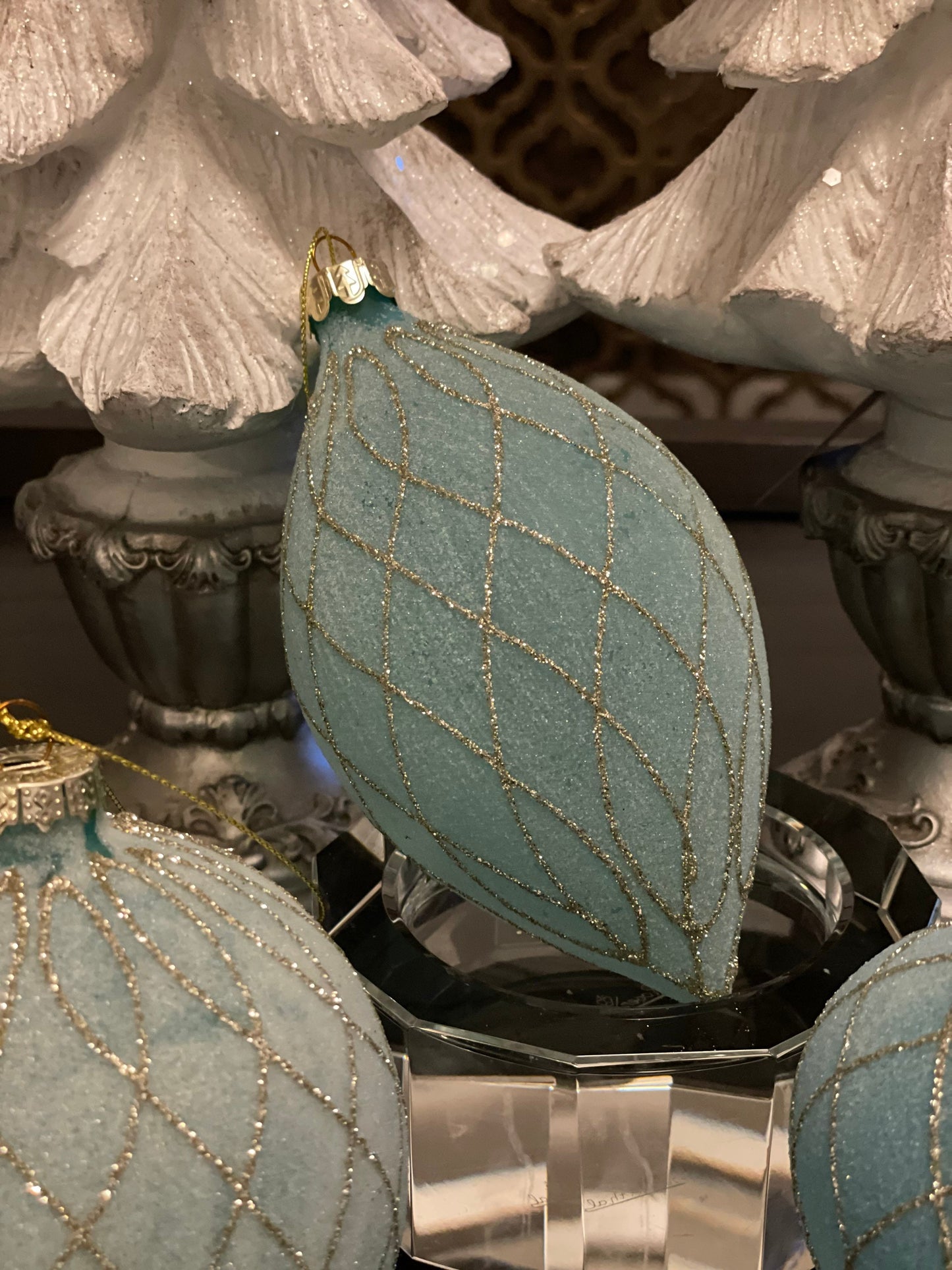 4" teal and gold glitter frosted diamond glass ornament set of 3*