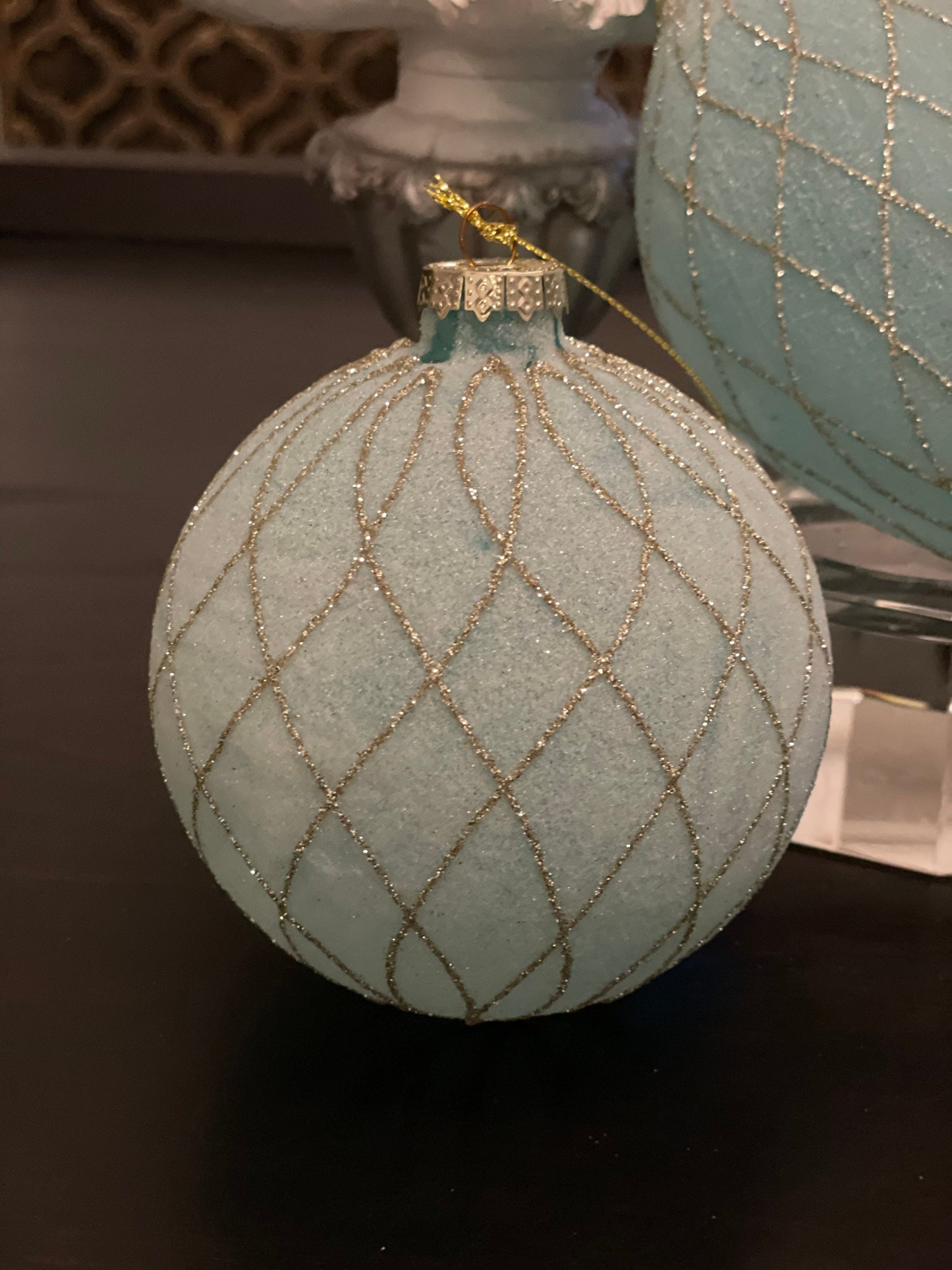 4" teal and gold glitter frosted diamond glass ornament set of 3*