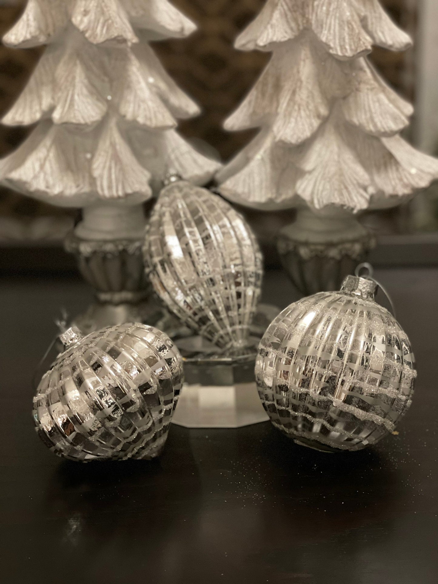 4" silver glass ornament with glitter set of 3*