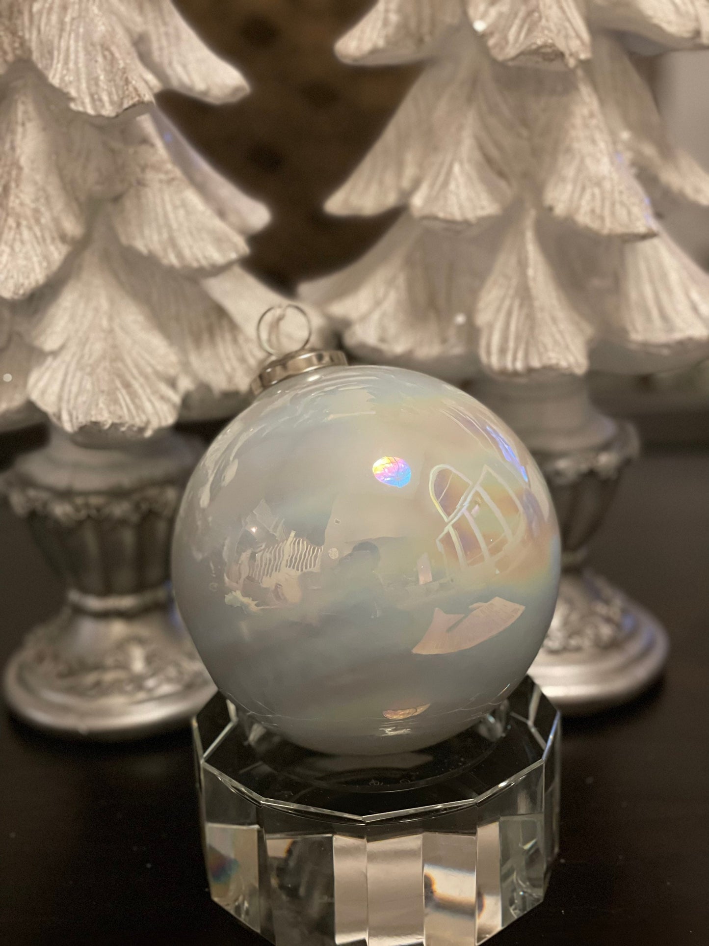 5” glass Iridescent ball ornament.*