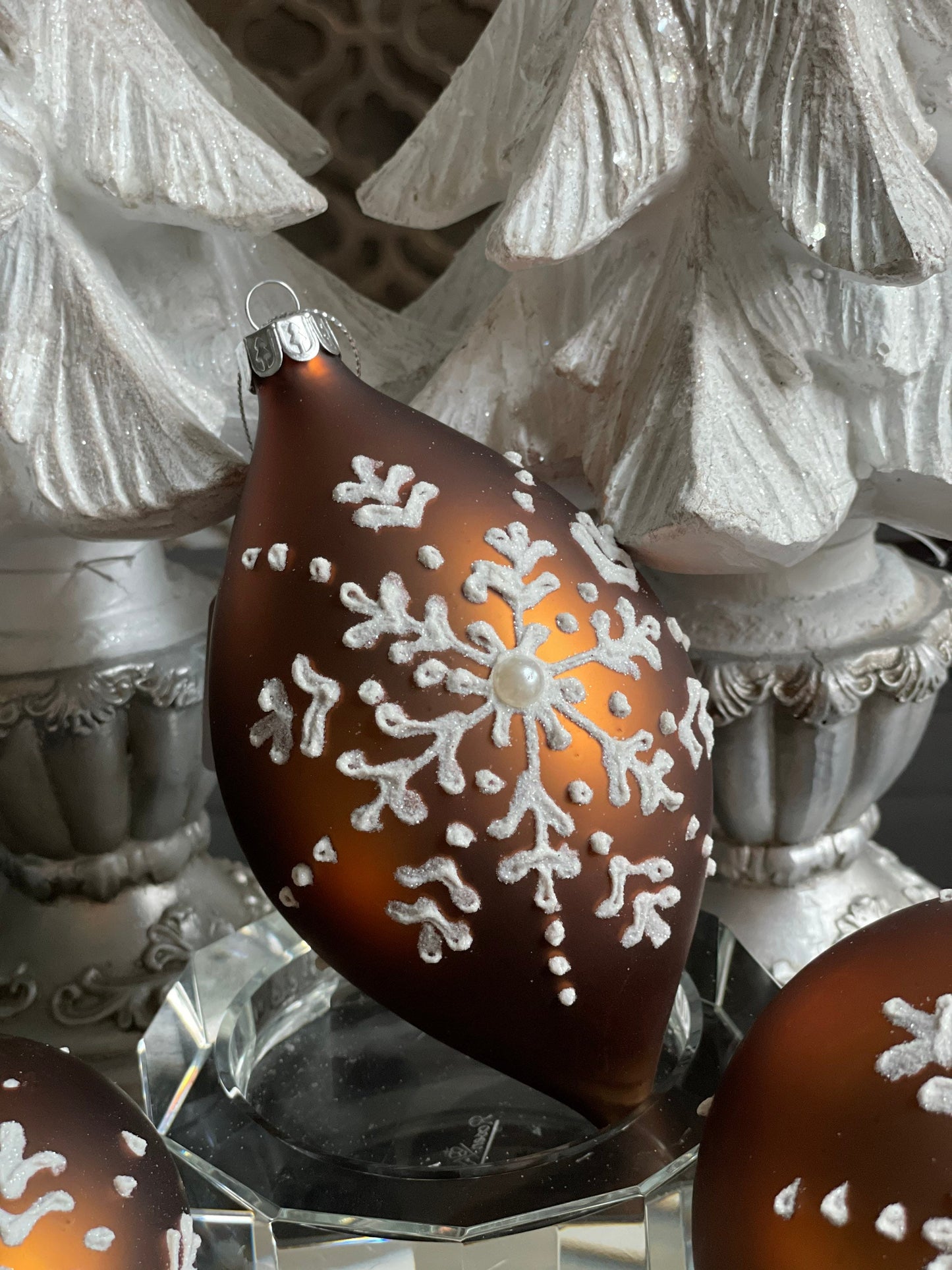 4" gingerbread snowflake patterned glass ornament. set of 3 ball, onion and finial.