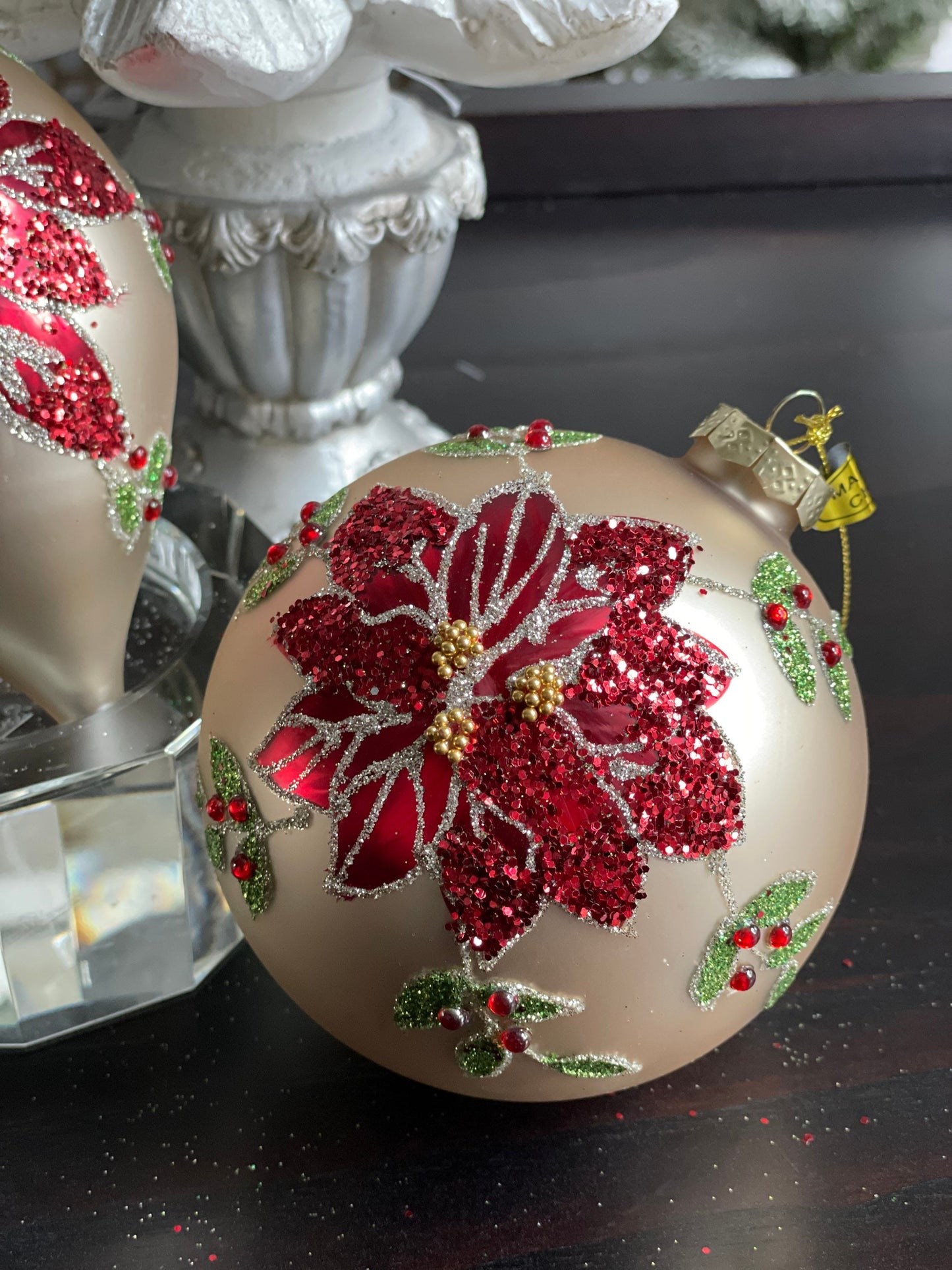 4" Poinsettia glass ornaments set of 3. Ball, onion and finial.*