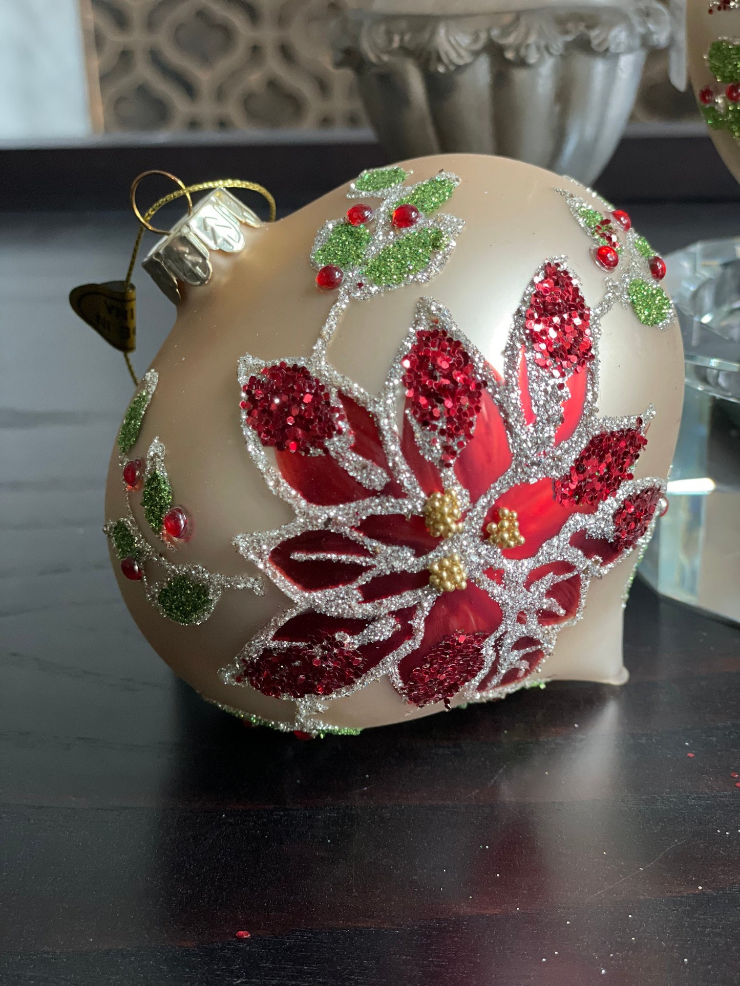 4" Poinsettia glass ornaments set of 3. Ball, onion and finial.*