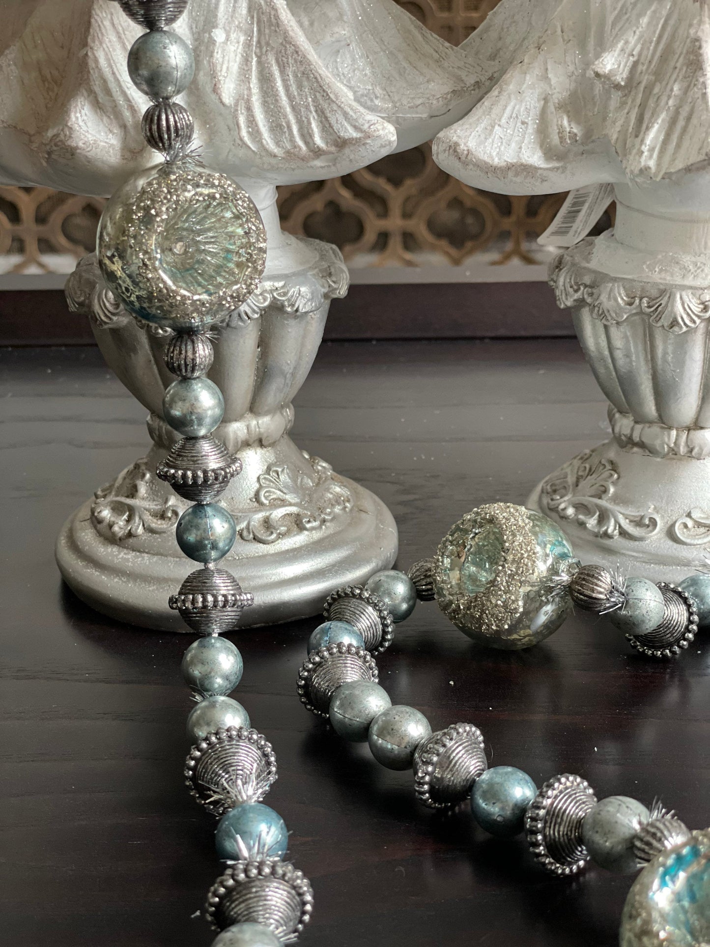 5.5 ft glass vintage ball blue silver garland. Glitter.
