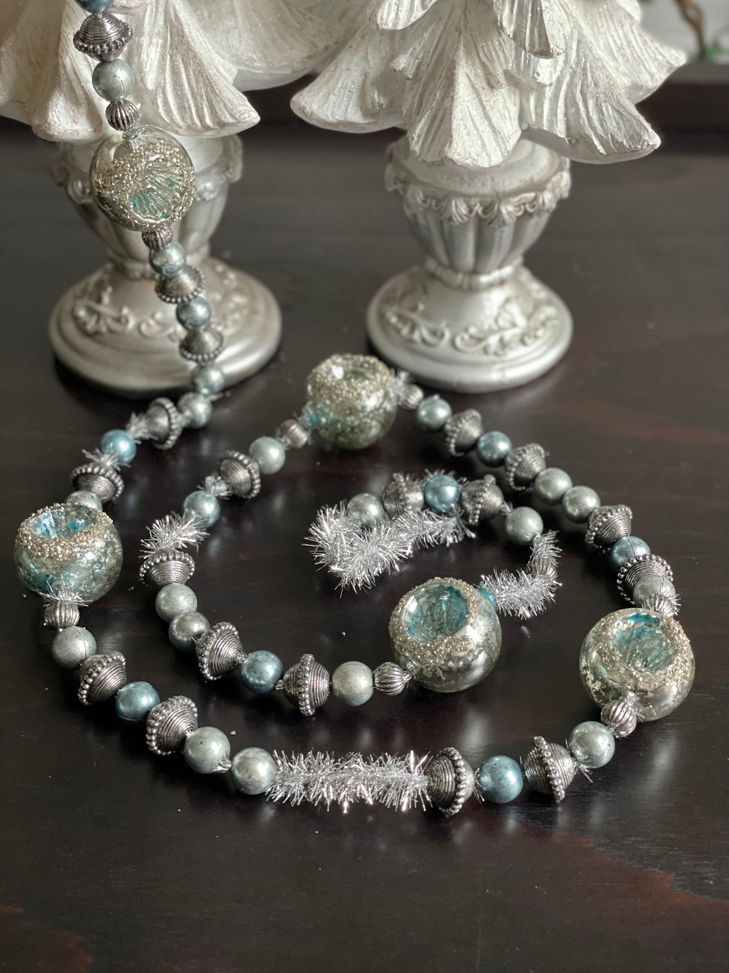 5.5 ft glass vintage ball blue silver garland. Glitter.