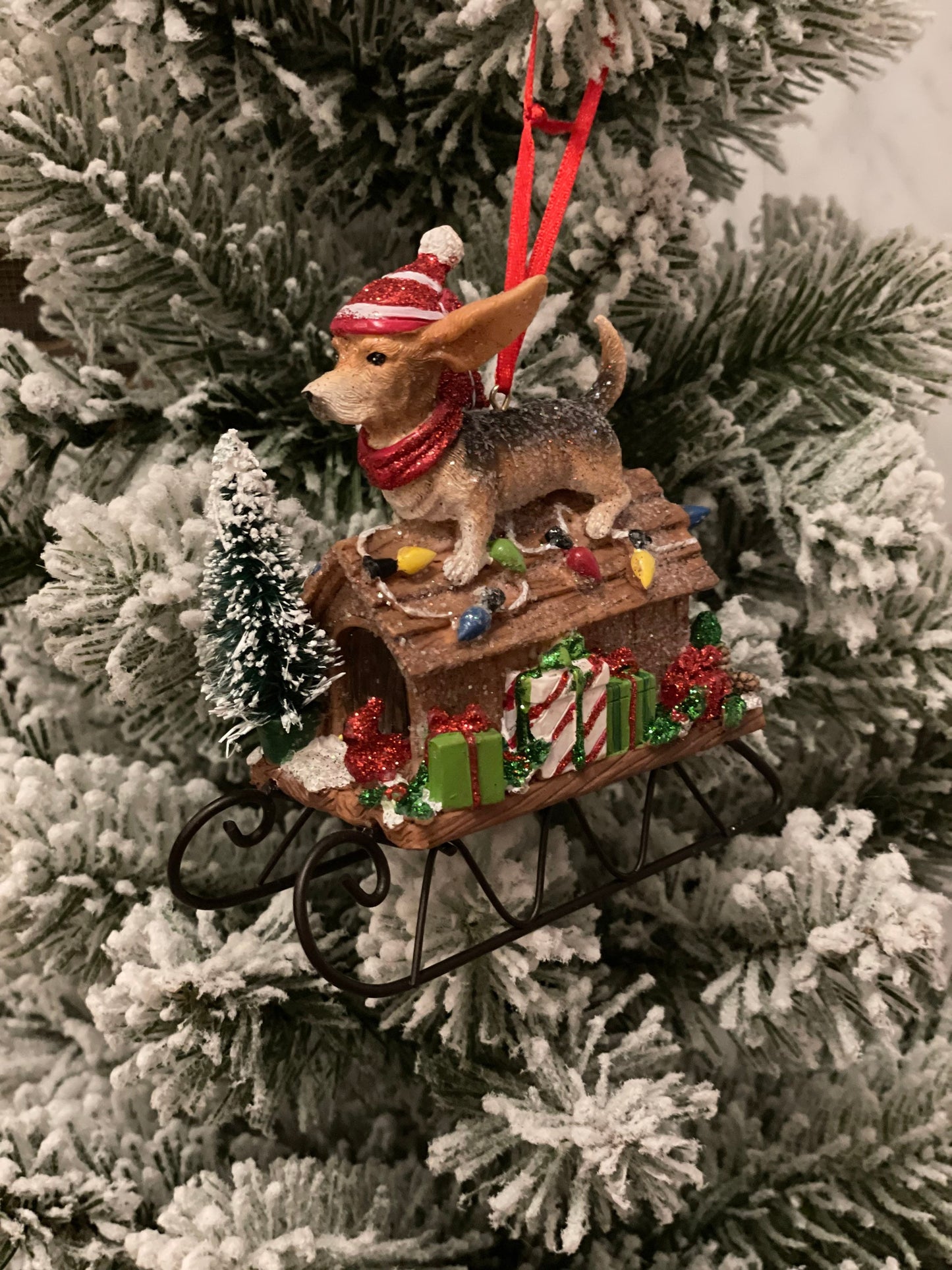 4.5” dog in sled ornament. Set of 2.*