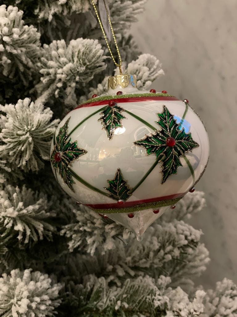 4" Holly leaf glass ornament. Set of 3. Ball, onion and finial.