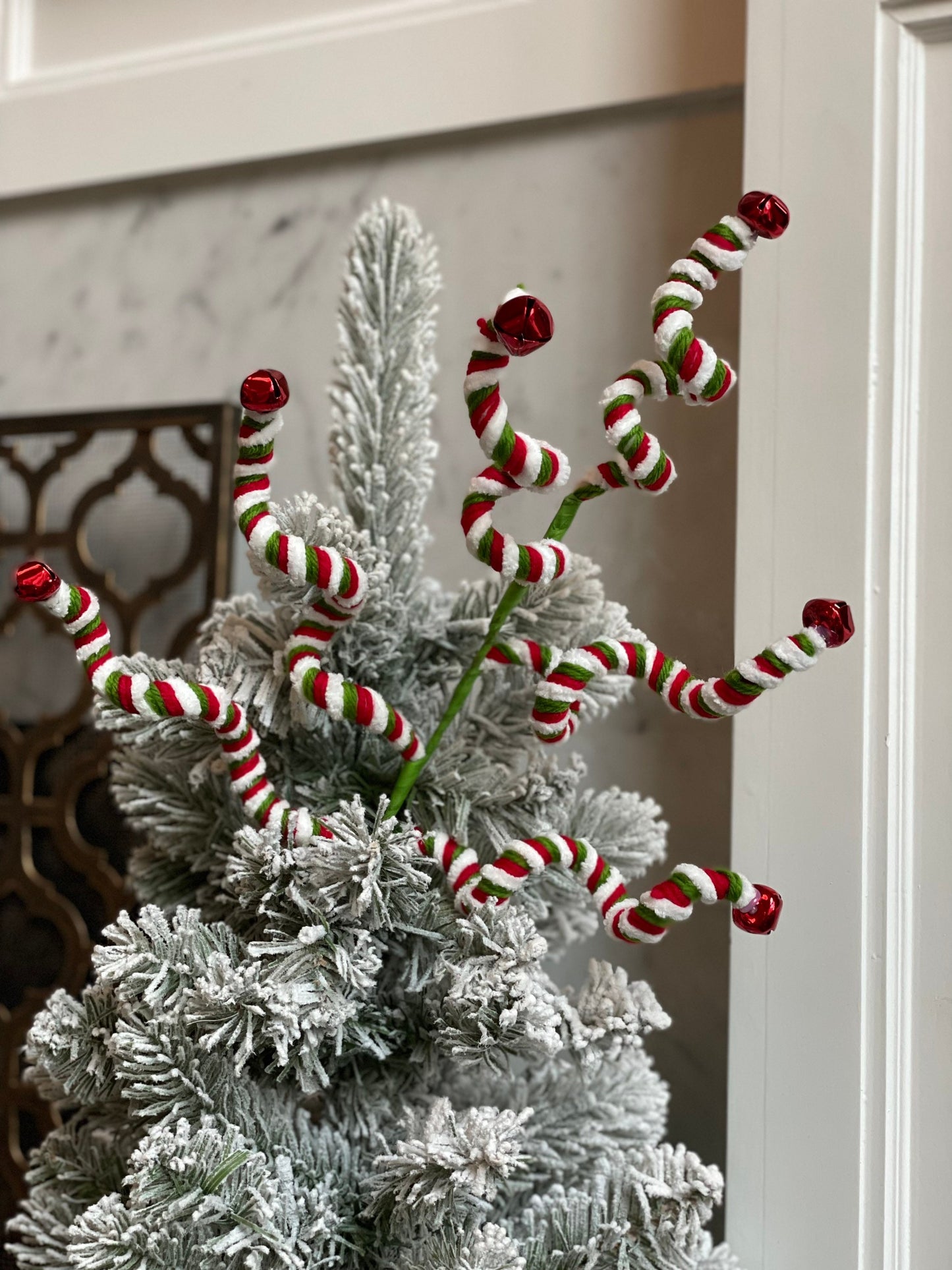 26" velvet bell curly spray. Candy. Green, red and white. Christmas.