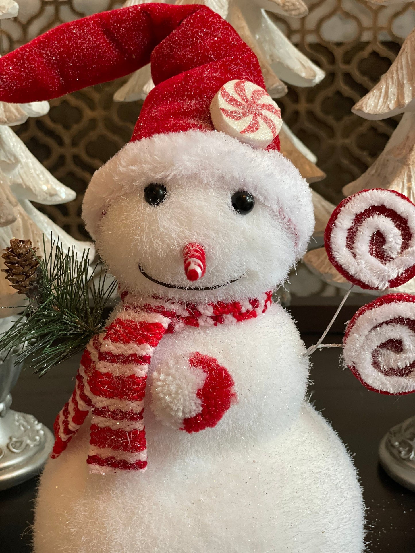 17.75” frosted snowman candy tabletop ornament