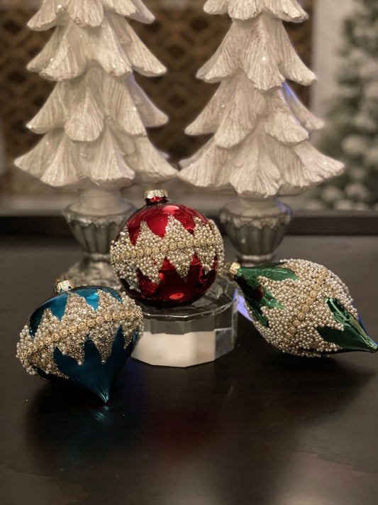 4" Jewel tone beaded glass ornaments set of 3. Ball, onion and finial.*