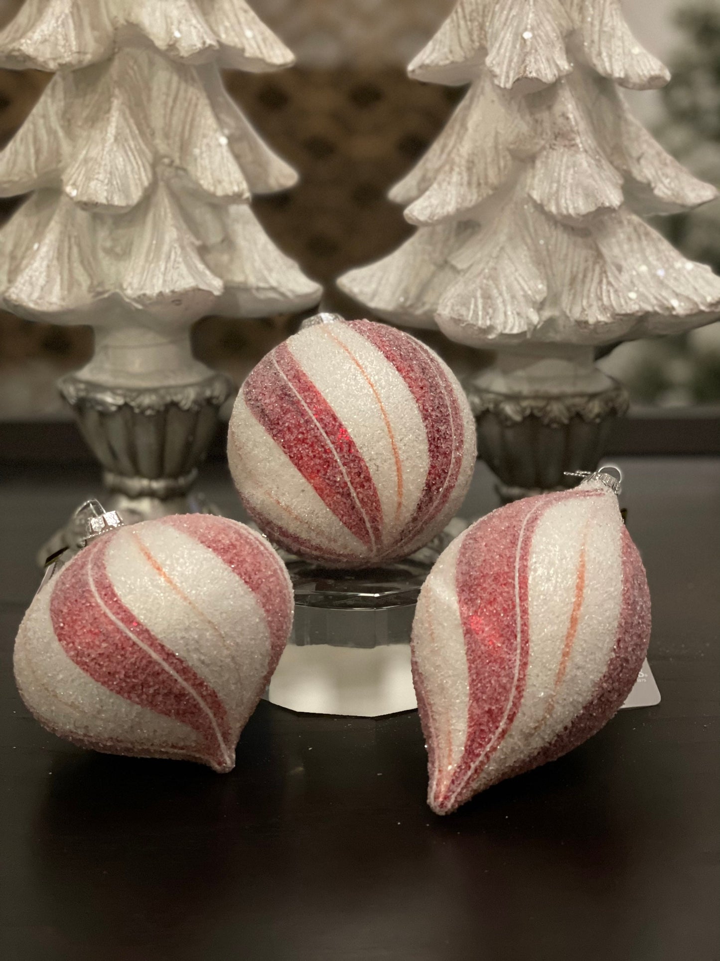 4" Peppermint stripe frosted glass ornaments set of 3. Ball, onion and finial.*