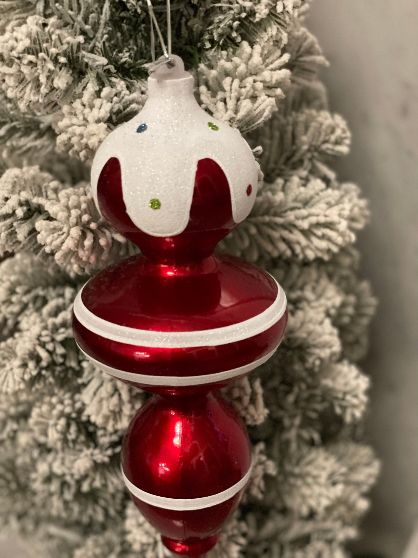 14” shatterproof finial ornament. Red and white. Candy theme.*