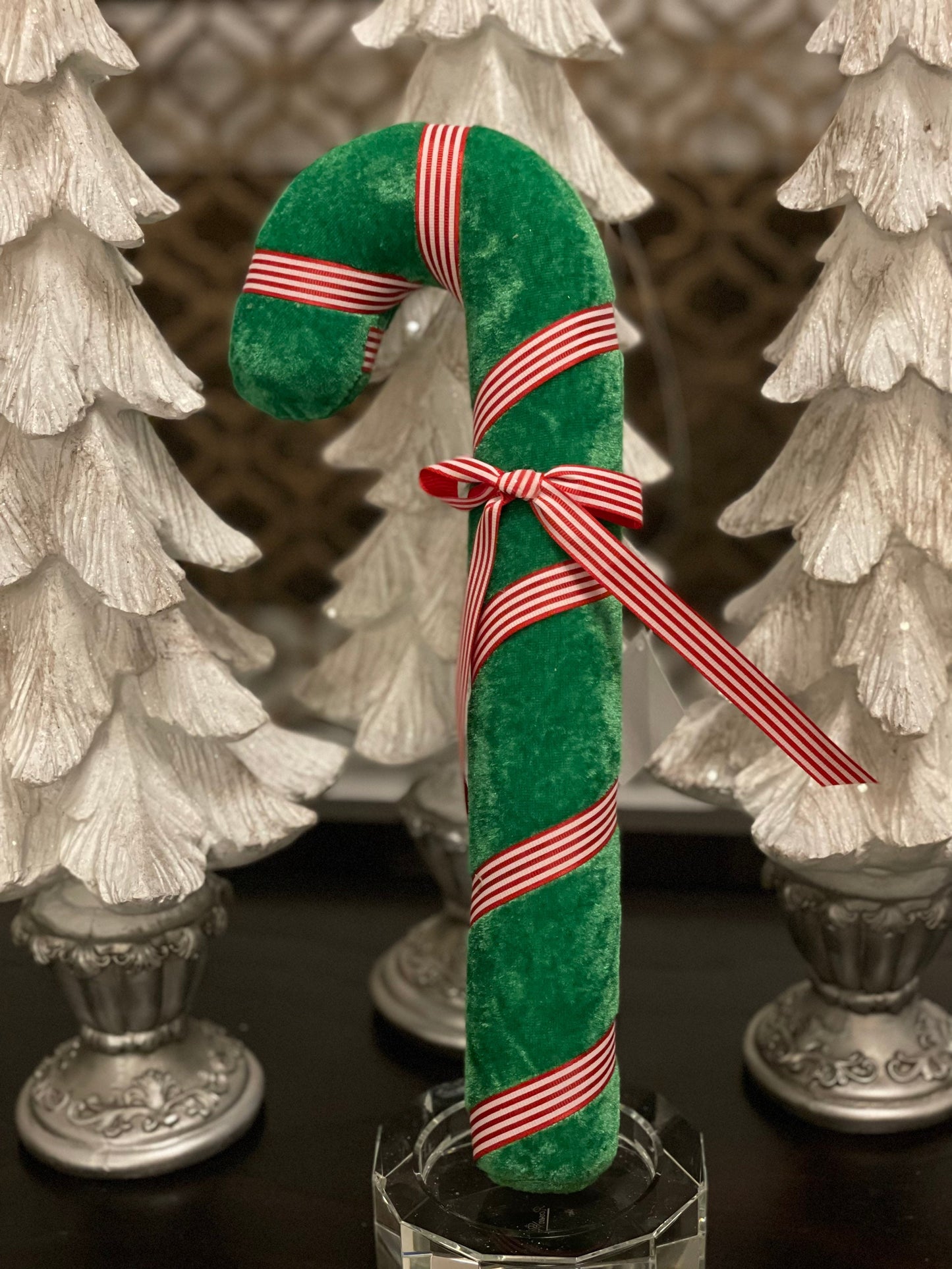 14"peppermint ribbon candy cane ornament. Green