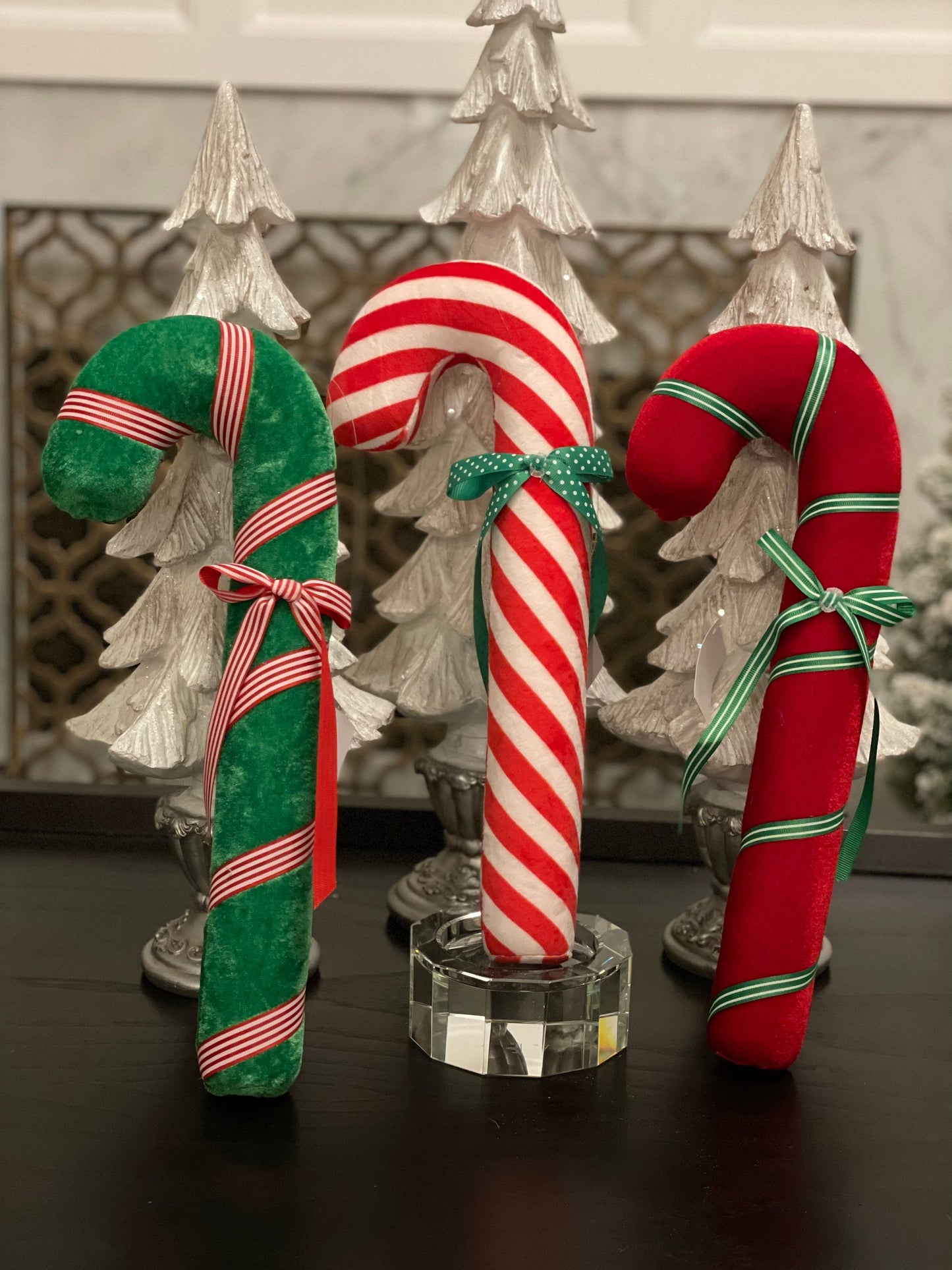 14"peppermint ribbon candy cane ornament. Green