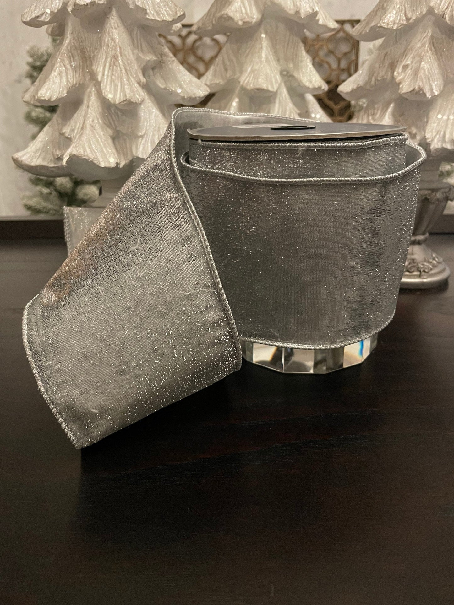 Designer lame velvet silver ribbon. 4”x 10 yards. Wired.*