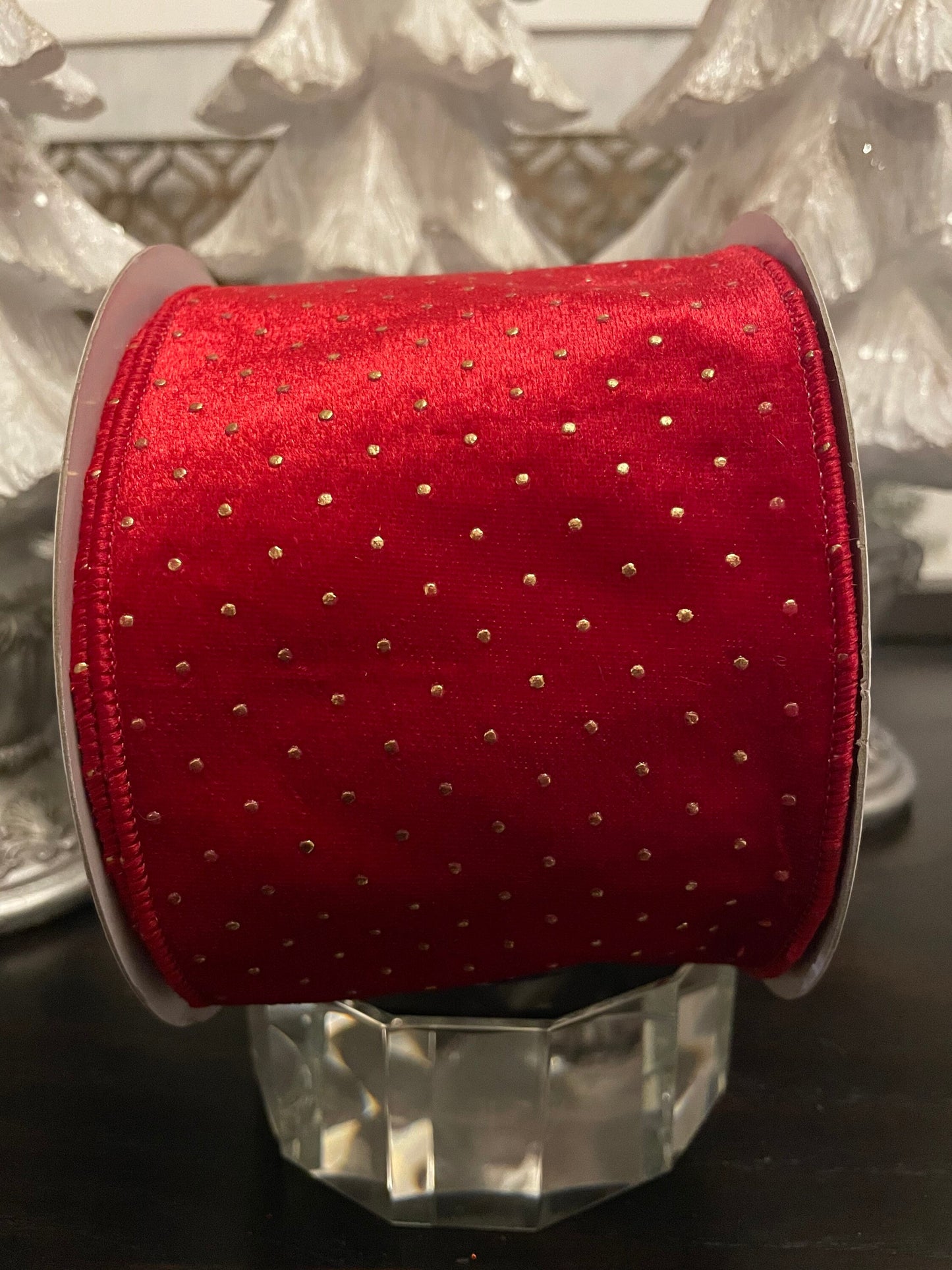 Designer textured gold dots red ribbon. 4”x 10 yards. Wired.*