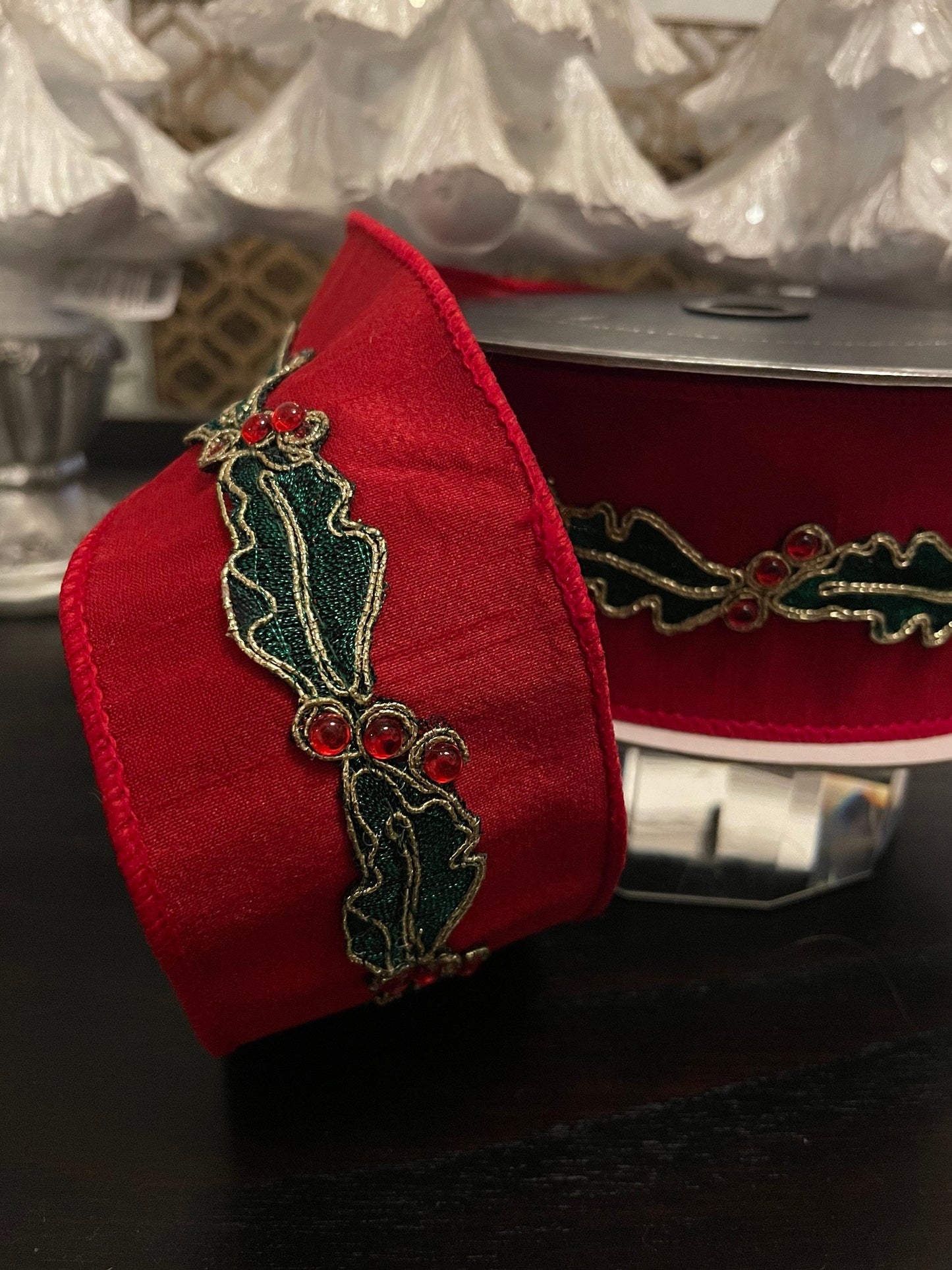 Holly border red ribbon. 2.5”x 10 yards. Wired.*