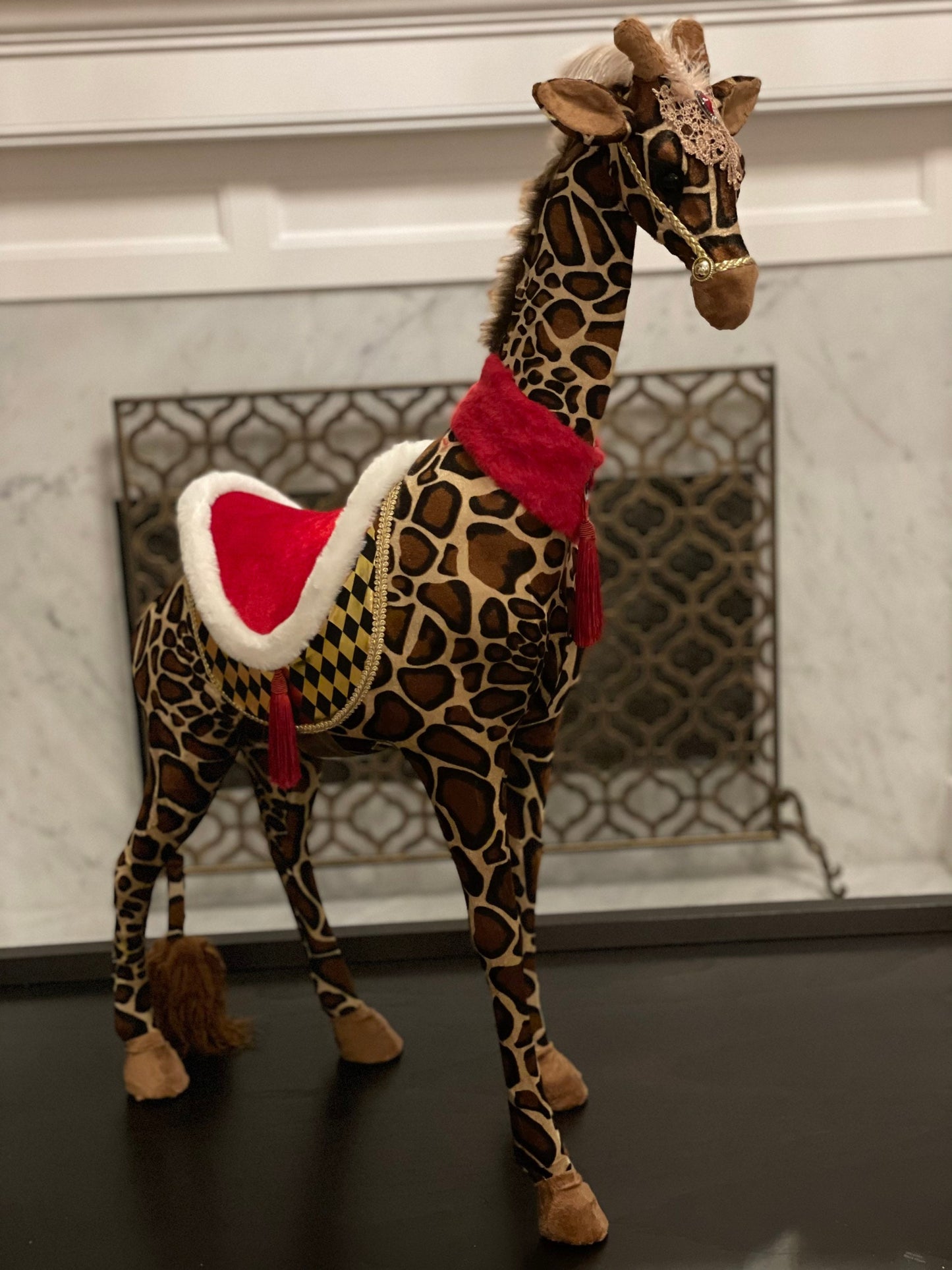 38h x 26w inch approx. Circus giraffe ornament/tabletop. Lace and jewel embellishments. Circus. Christmas. Animal party.