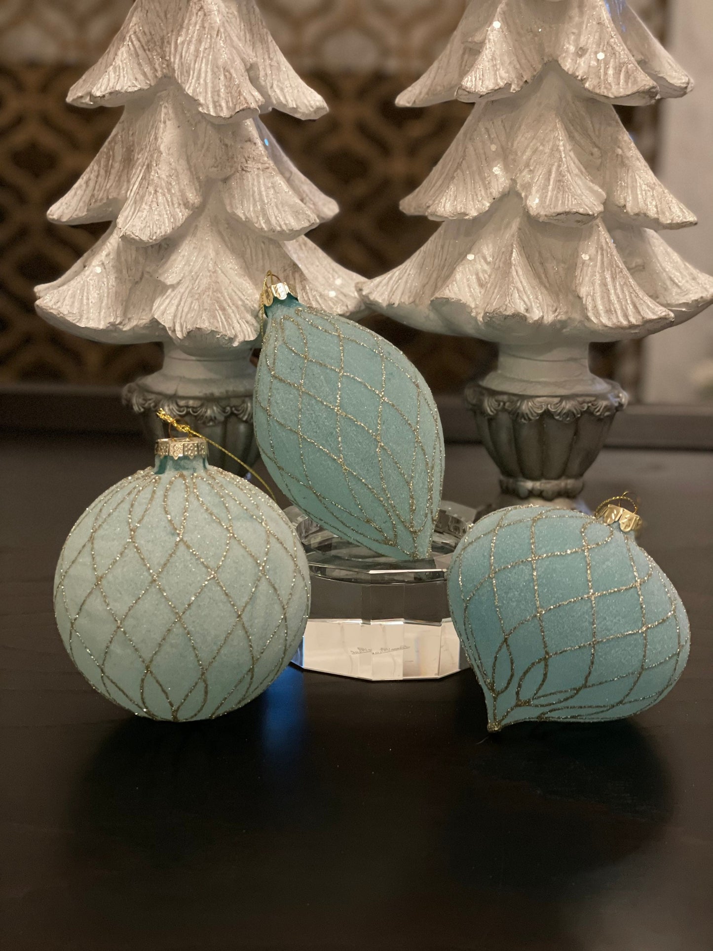 4" teal and gold glitter frosted diamond glass ornament set of 3*