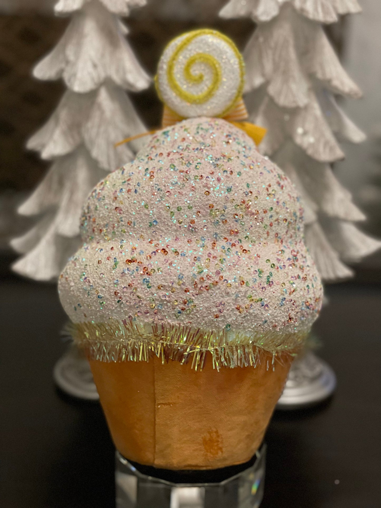 13” cupcake house velvet. Yellow and white. Glitter and sequins ornament. Candy theme ornament