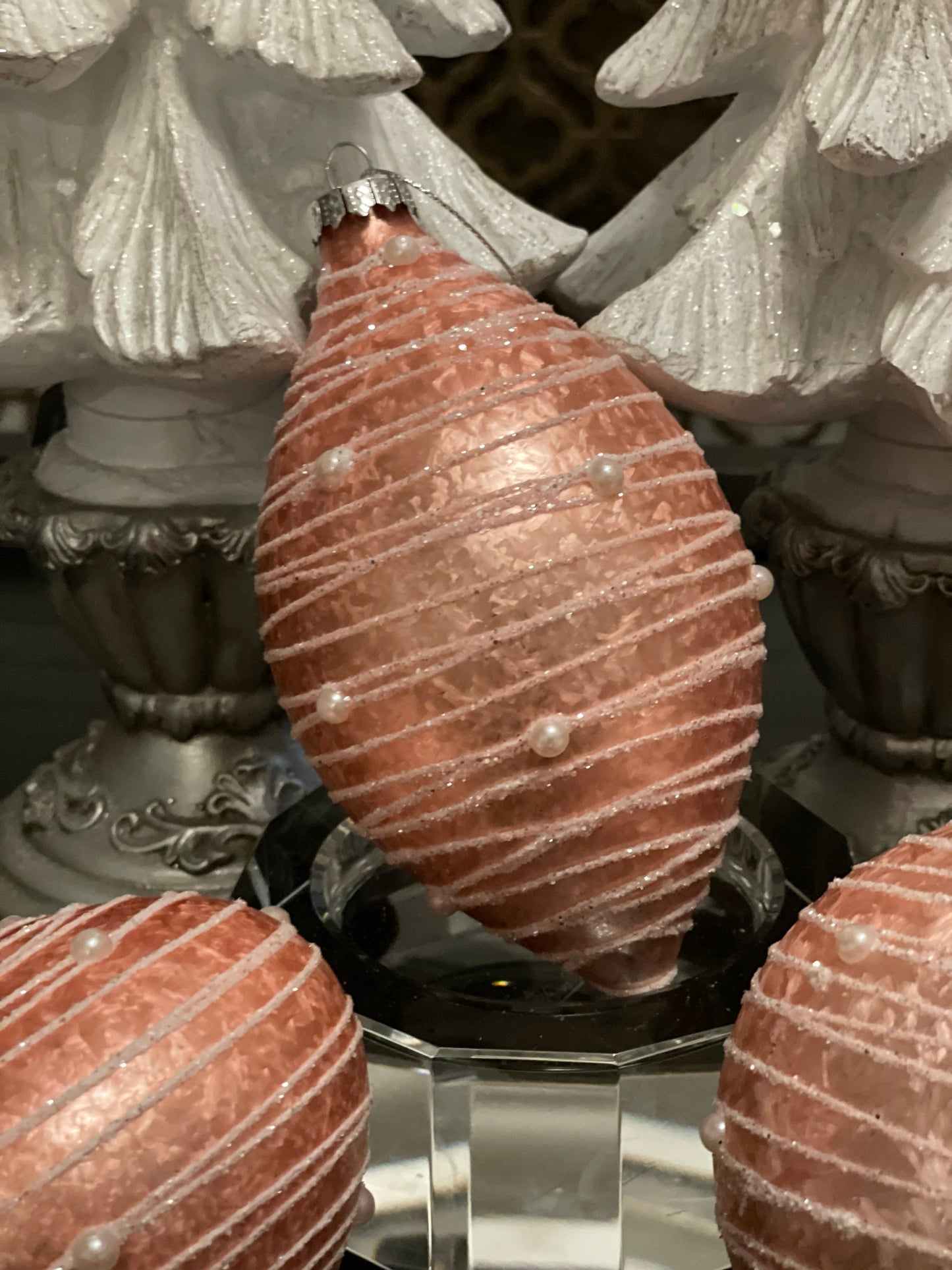 4" pink glass ornament with pearls. SET OF 3 ball, onion and finial.*