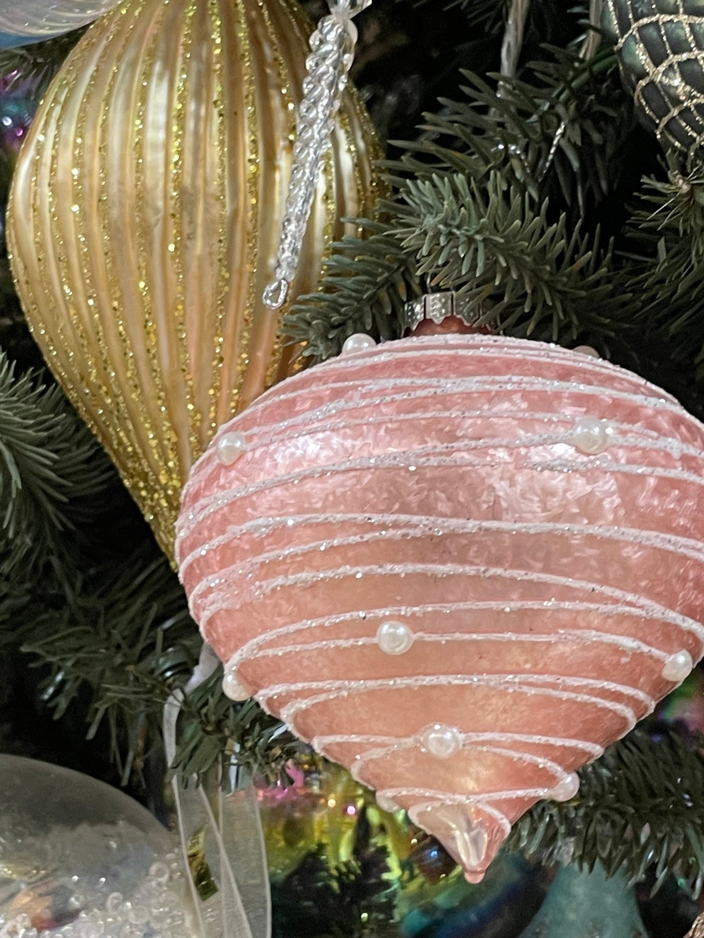 4" pink glass ornament with pearls. SET OF 3 ball, onion and finial.*