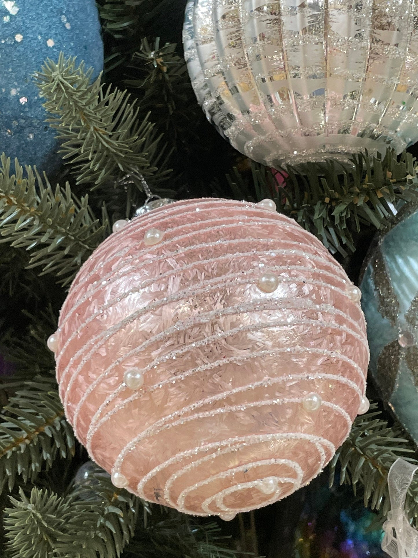 4" pink glass ornament with pearls. SET OF 3 ball, onion and finial.*