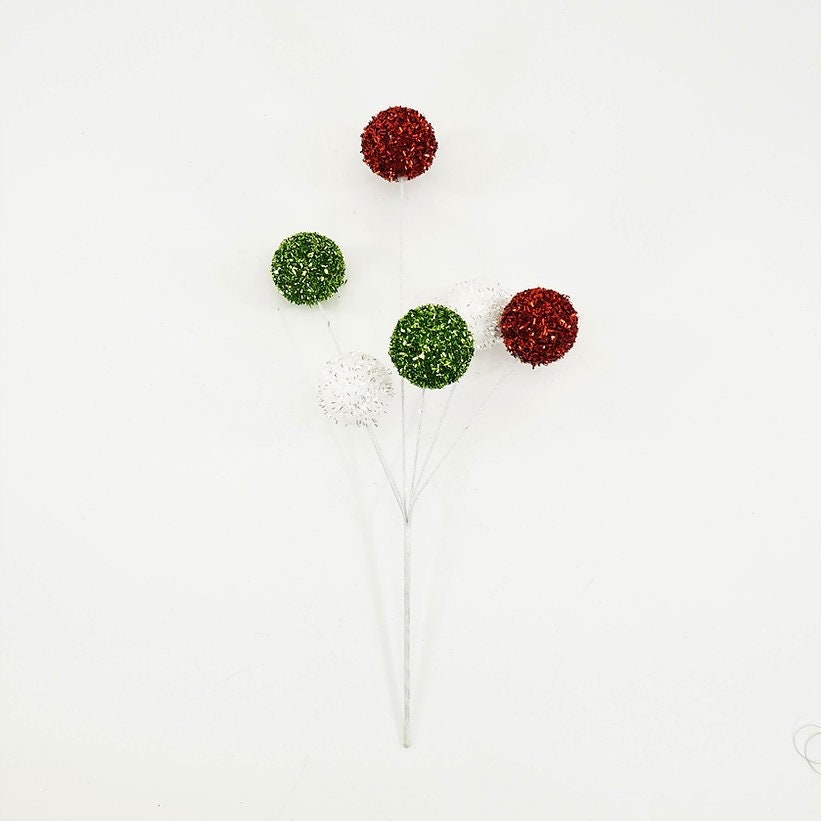 16” ball pick tinsel, red, white and green.
