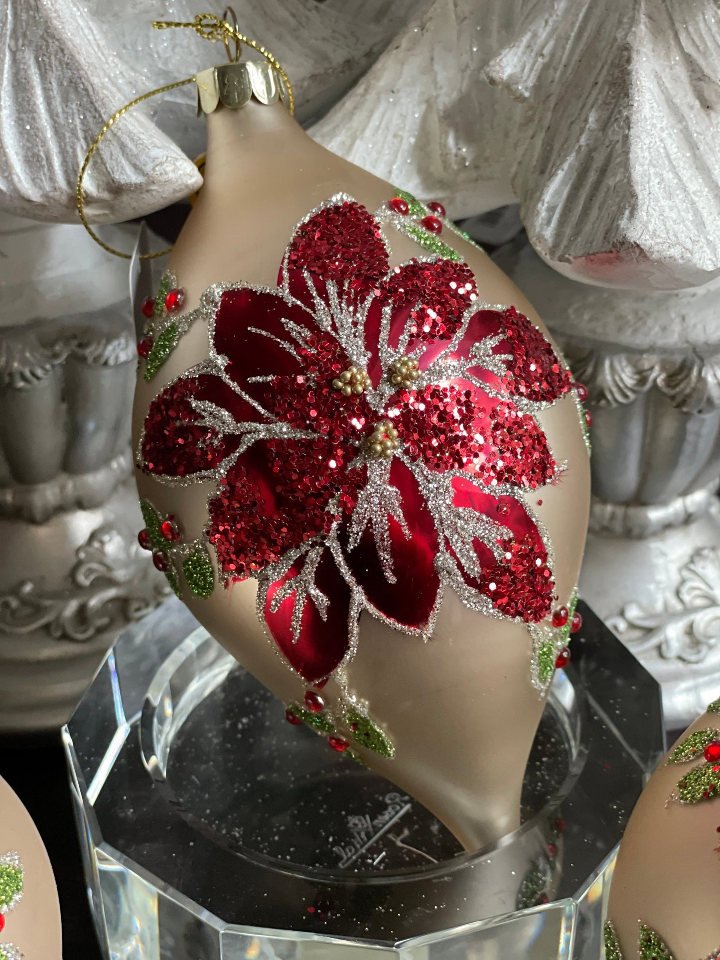 4" Poinsettia glass ornaments set of 3. Ball, onion and finial.*