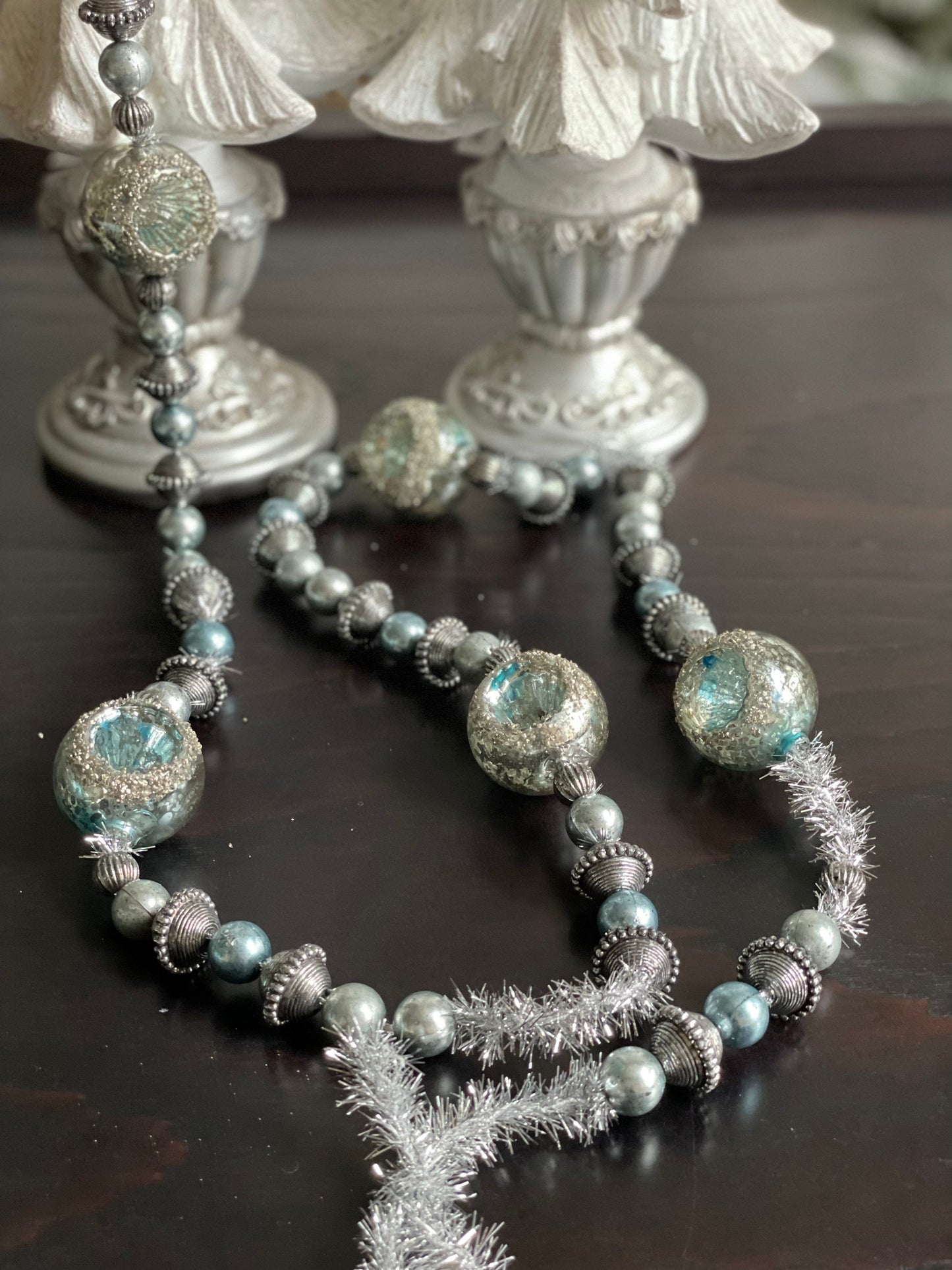 5.5 ft glass vintage ball blue silver garland. Glitter.