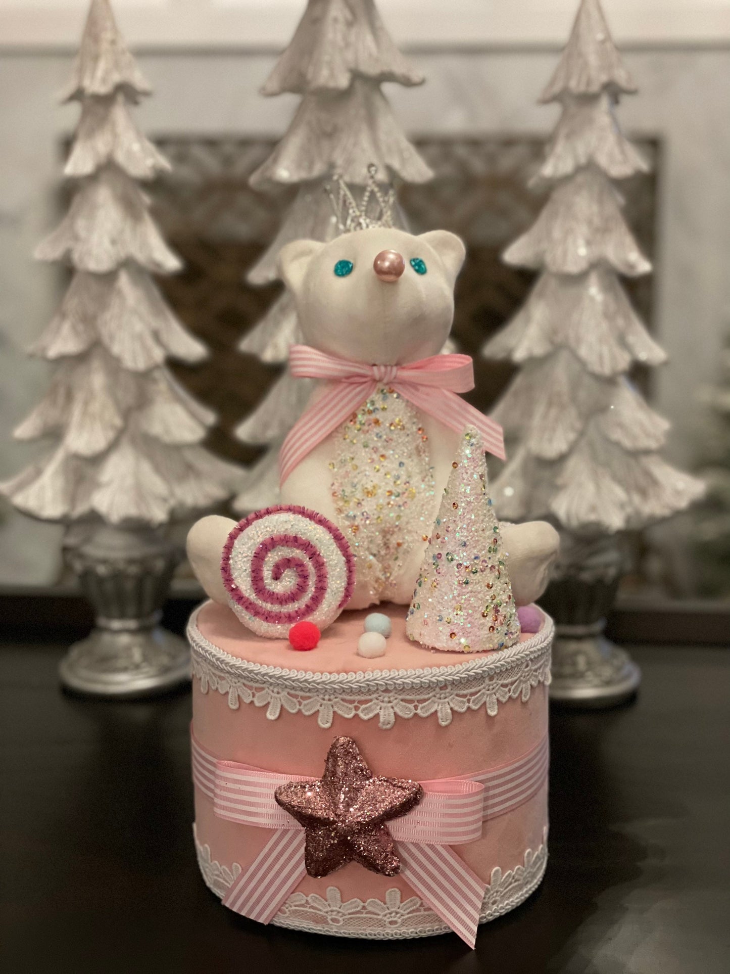 15”h x 7.5”w princess bear on pink cake/ gift box. Christmas. Tree toper. Ornament. Tabletop.