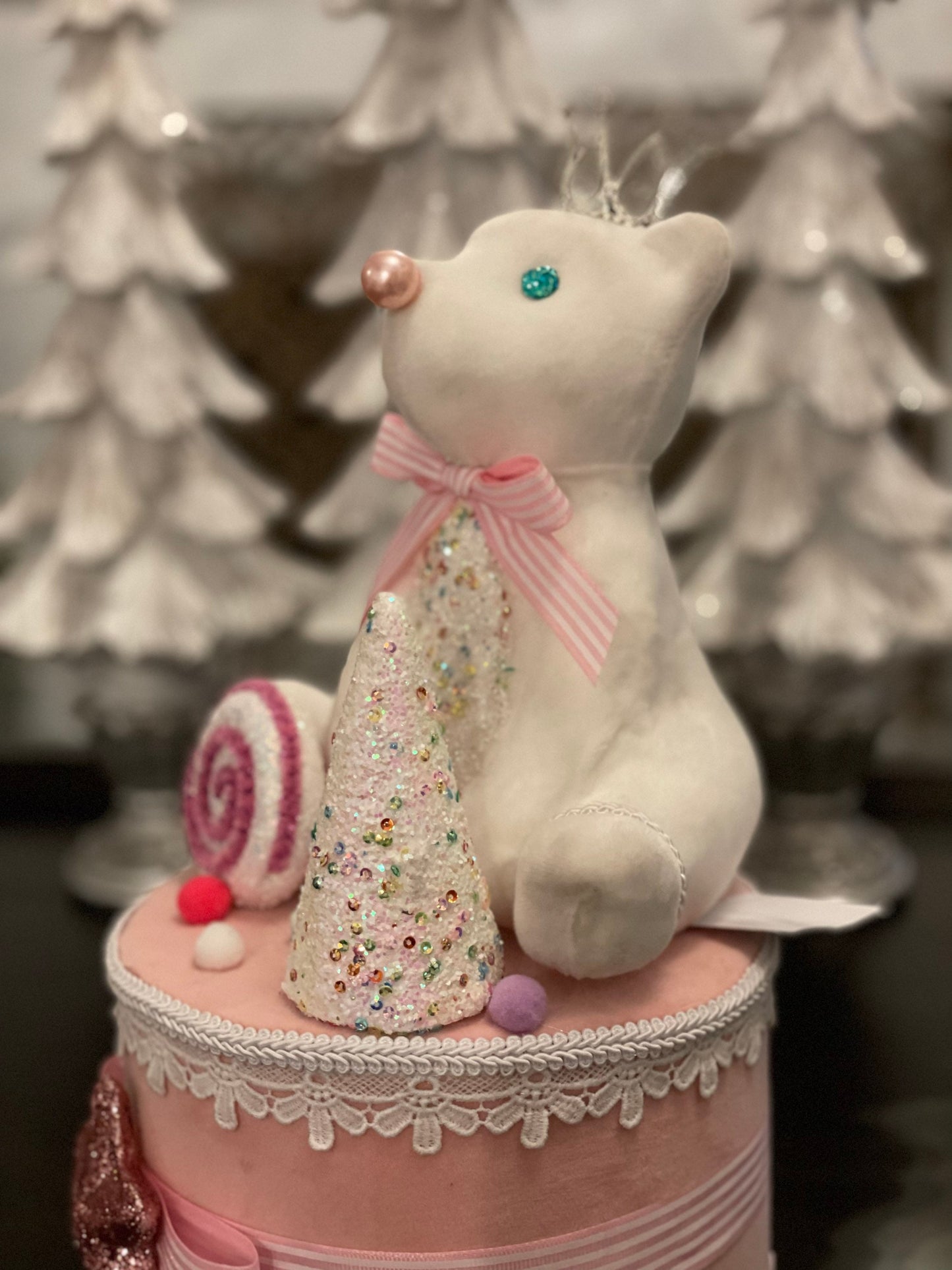 15”h x 7.5”w princess bear on pink cake/ gift box. Christmas. Tree toper. Ornament. Tabletop.