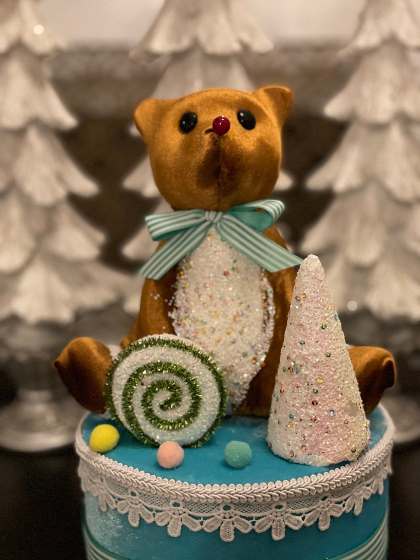13”h x 7.5”w bear on blue cake. Bear on gift box. Christmas. Tree toper. Ornament. Tabletop. Baby shower. Baby.