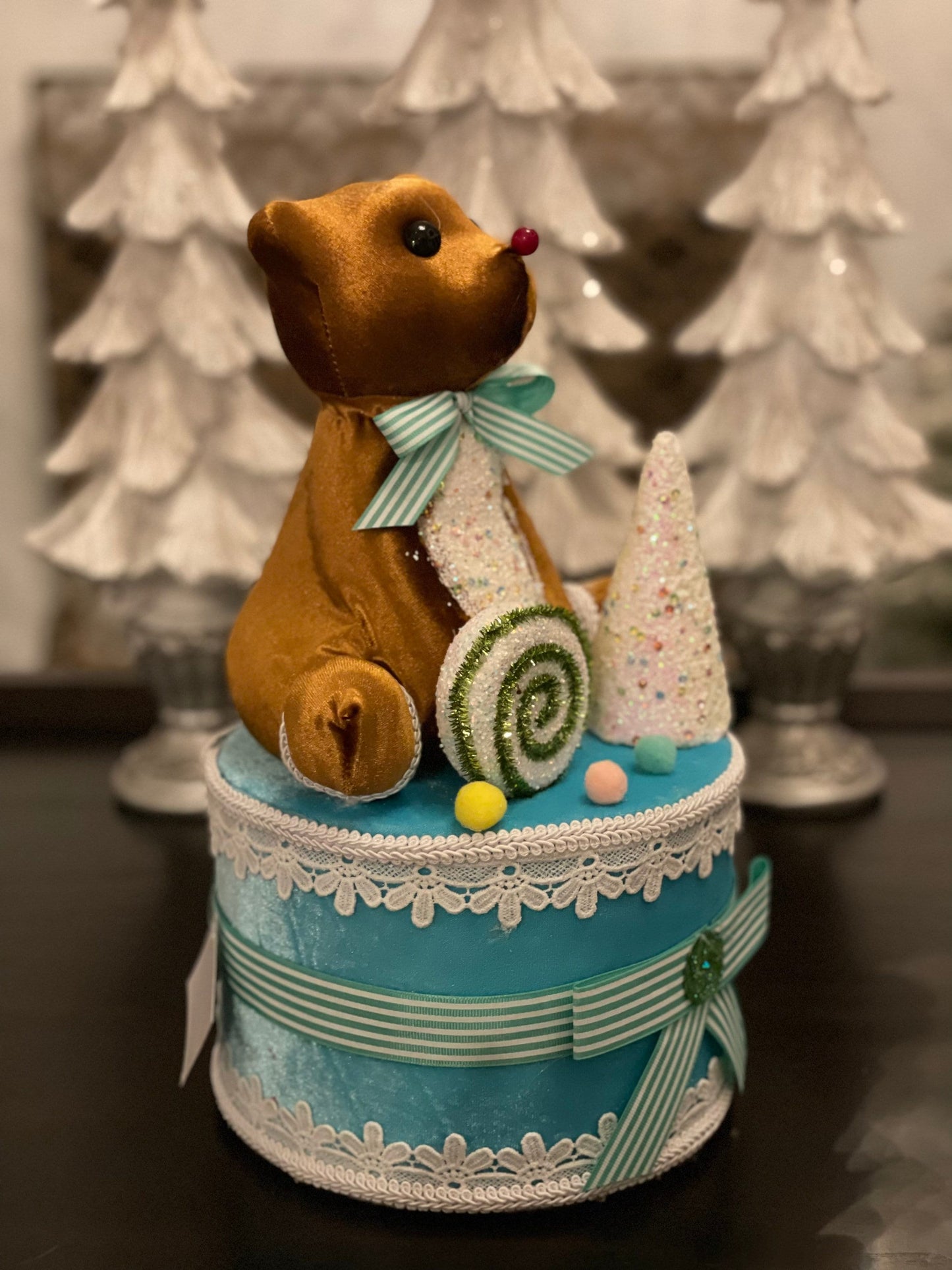 13”h x 7.5”w bear on blue cake. Bear on gift box. Christmas. Tree toper. Ornament. Tabletop. Baby shower. Baby.