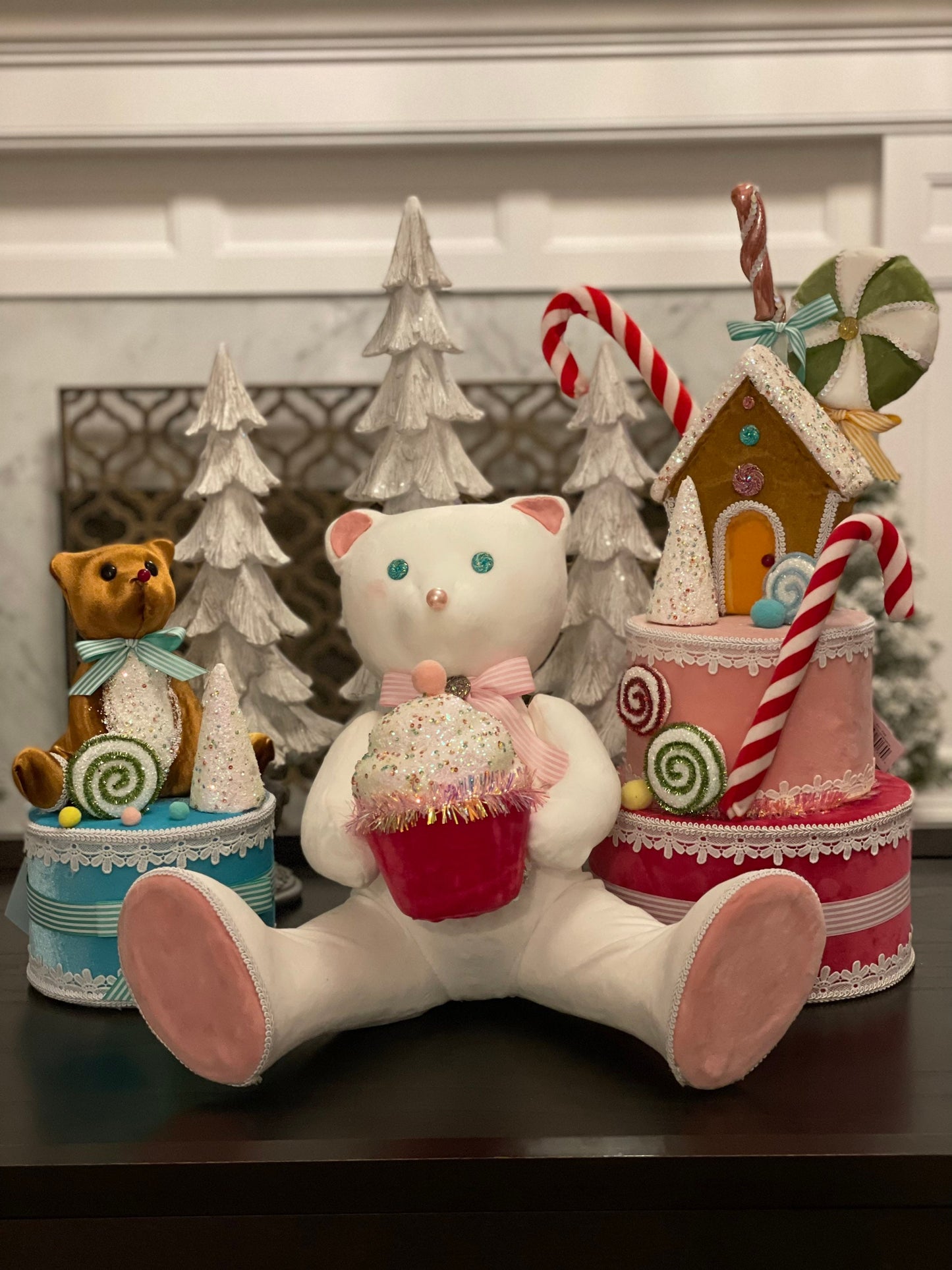 14.5”h x 13” w bear holding a cupcake. Christmas. Ornament. Tabletop. Display.