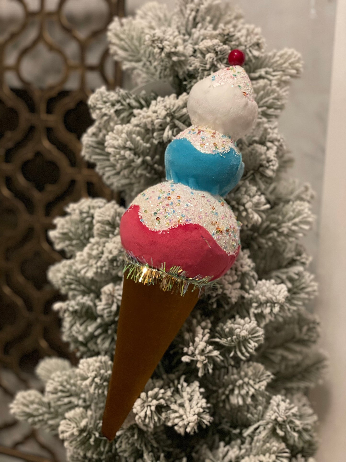16” ice cream cone turquoise, pink and white. Ornament.
